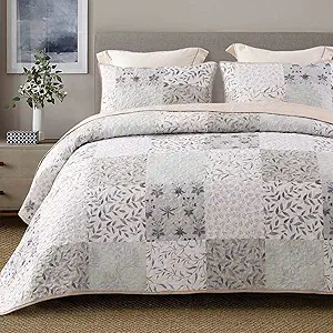 Exclusivo Mezcla Reversible Boho Quilt Set Queen Size, 3 Pieces Patchwork Gray All Season Bedspreads, Ultra Soft Floral Coverlet Bedding Set with Printed Pattern (1 Quilt, 2 Pillow Shams)