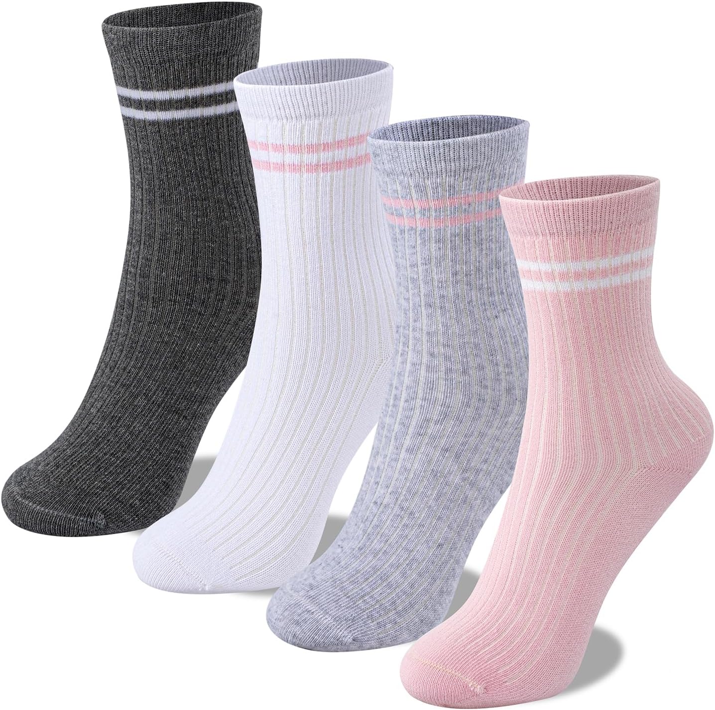 UMELOK Kids Athletic Socks Cotton Crew Socks for Boys and Girls with Stripes and Flower 4 Pairs