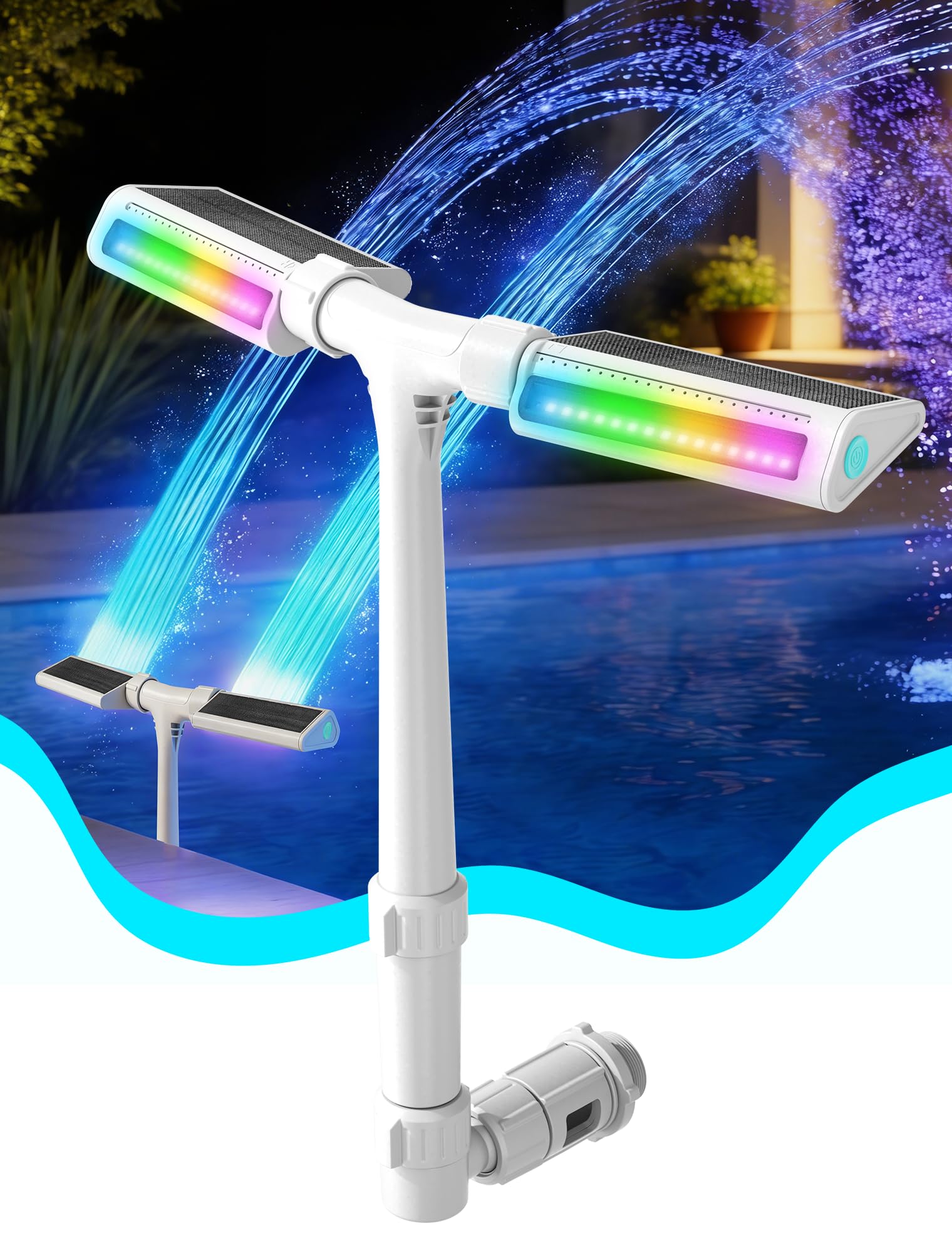 Photo 1 of 2026 Height Upgrade Solar Pool Fountain with 10-Color 4-Modes Lights, Dual Spray Waterfall Sprinkler 360° Adjustable, Compatible with Above & Inground Pools for Cooler Relaxation (White)