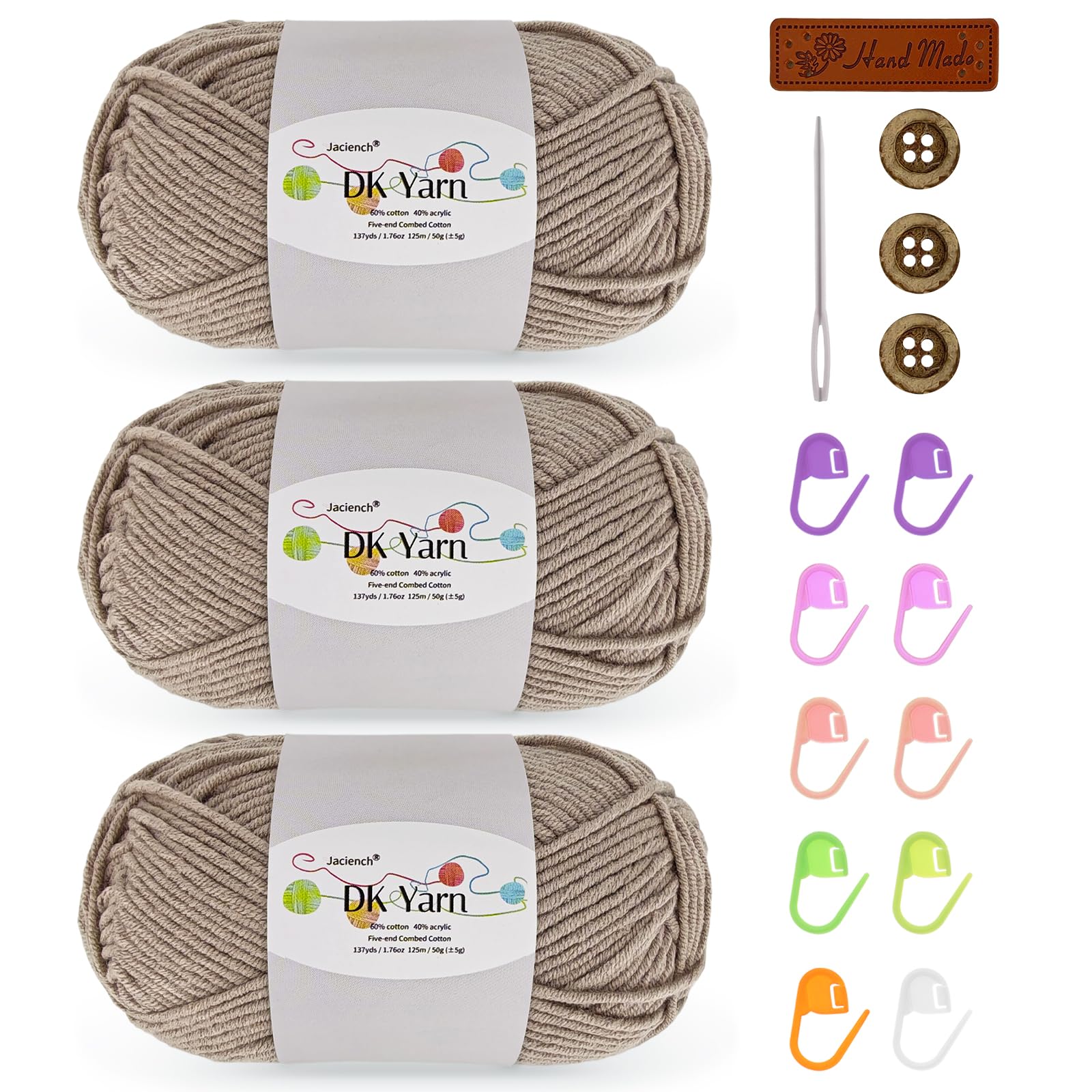 Crochet Yarn Kit, 3Γ50g 60% Cotton 40% Acrylic Combed Cotton Yarn with Accessories, DK Wool for Beginners Amigurumi Socks BlanketsοΌCamel-3οΌ