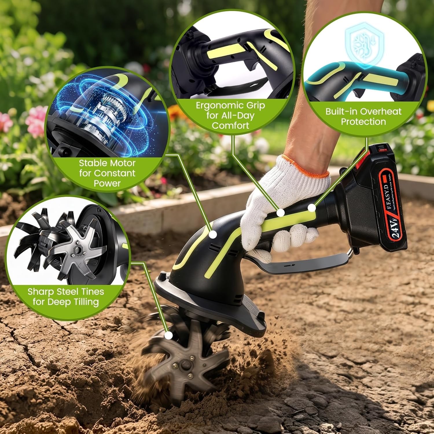 Motocoltivatore a Batteria con 1 Batterie 24V, Motozappa Elettrica da Giardino, Profondità e Larghezza di Lavoro 10 cm, Coltivatore Portatile per Prato, Giardino, Serra e Orto