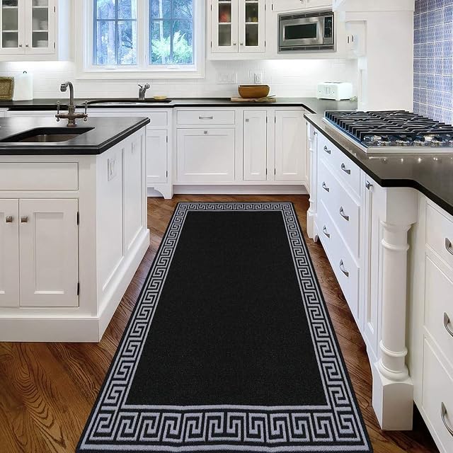 renoazul® Non-Slip Washable Large Entrance Doormat | 66 x 120 cm Outdoor and Indoor Dog Muddy Paws Floor Protector, Hallway, Bath and Kitchen Anti-Slip Mats - Greeky Rug - Black & Grey