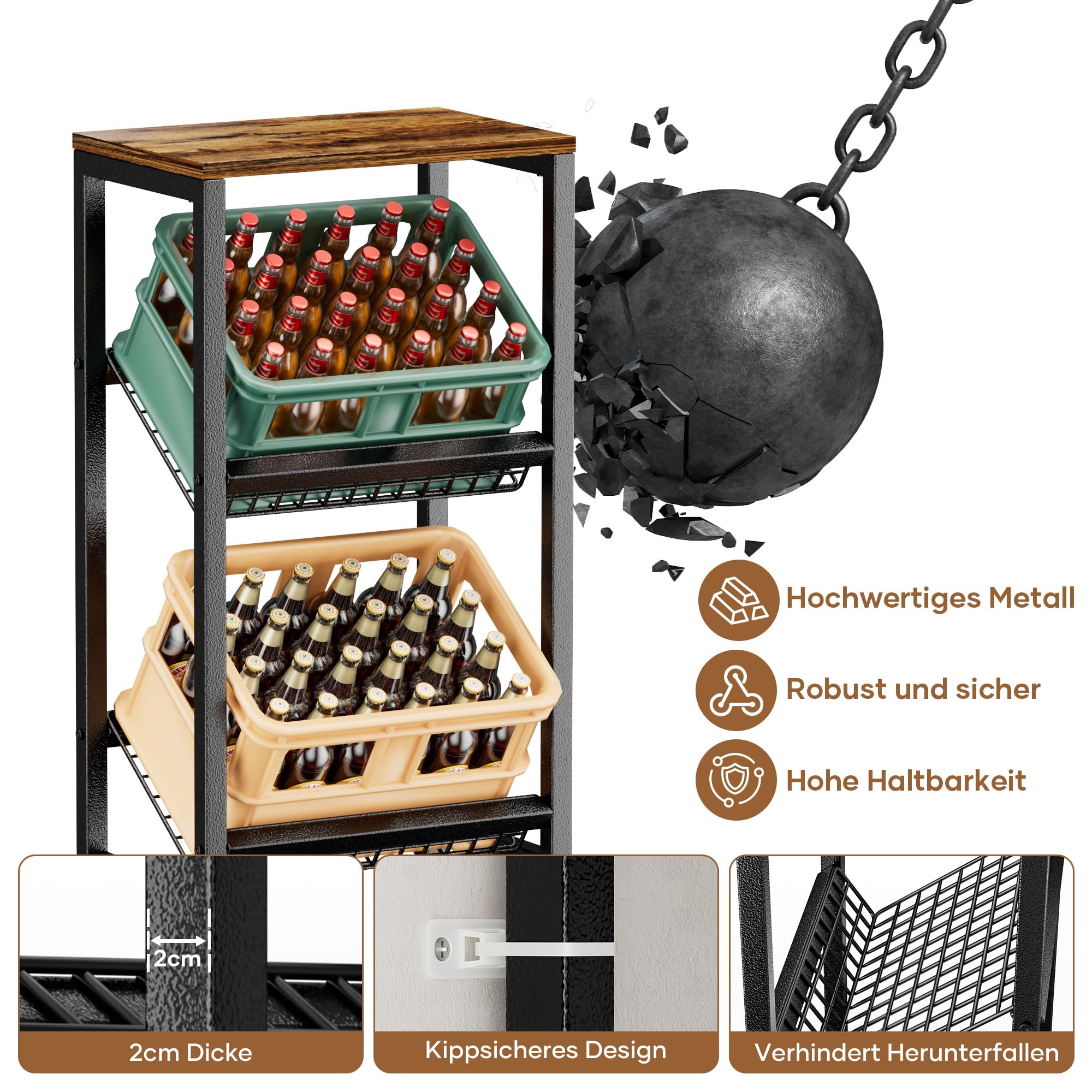 HFHOME Getränkekistenregal für 2 Kisten mit verstellbarem Ablage, Stabiler Metall Ständer Getränkekisten, Freistehend Kistenständer mit oberem Holzregal, Wasserkistenregal für Küche Keller Garage