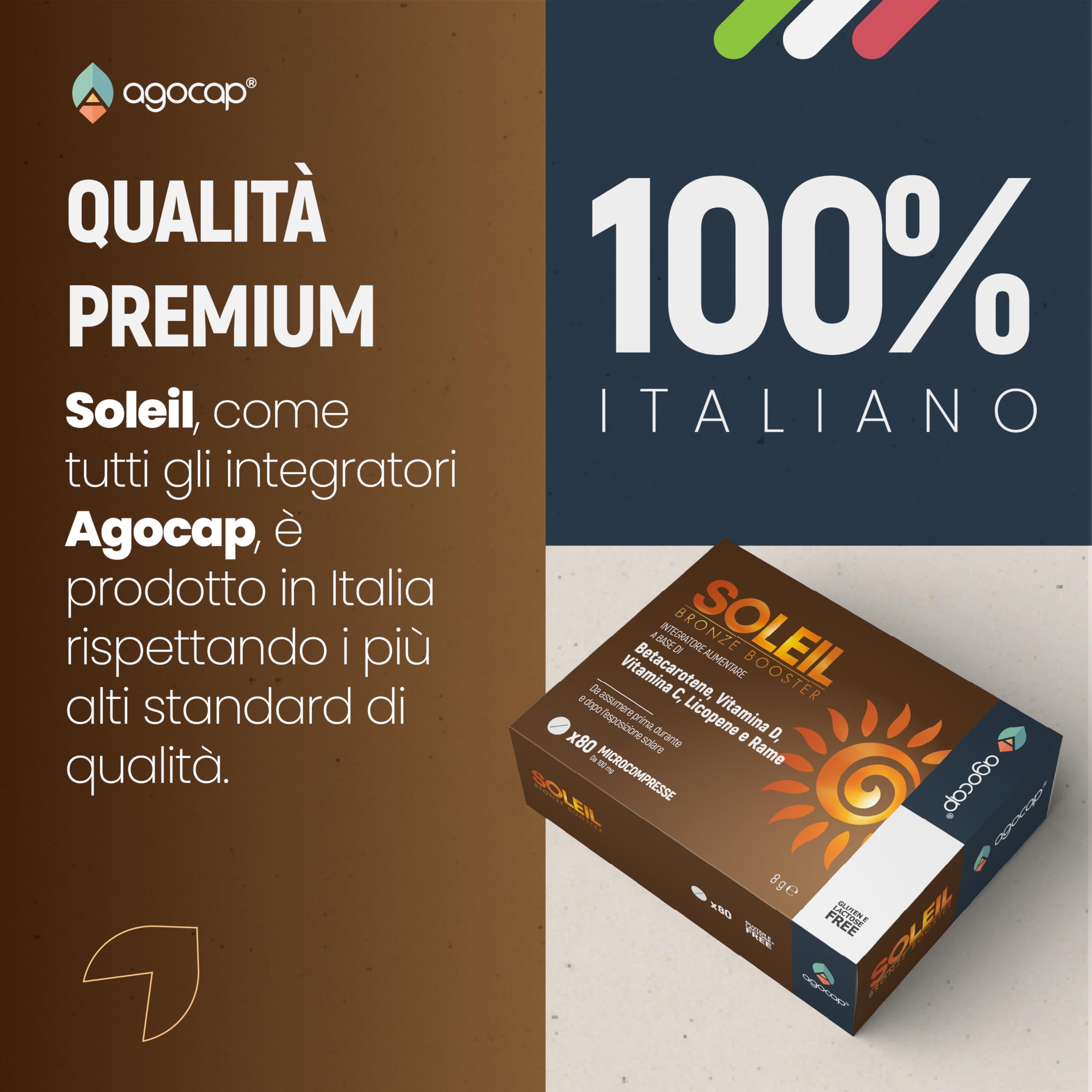 Acceleratore Abbronzatura Forte, SOLEIL. Integratore abbronzatura, 80 compresse con Betacarotene, Rame, Selenio, Licopene, Vitamine C, D, E, B. Autoabbronzante corpo - Prepara, Accelera e mantiene