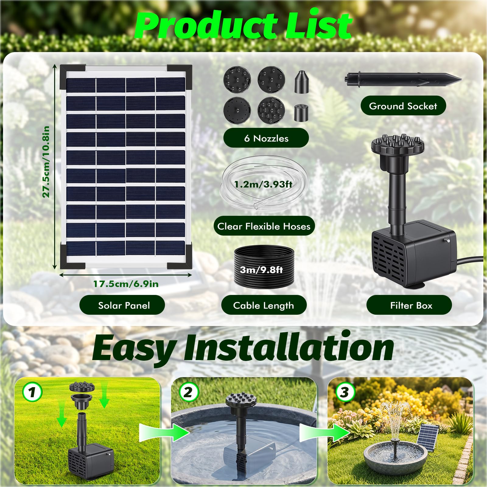 Solar Springbrunnenpumpe 8W mit 3600mAh Akku, Solar Wasserpumpe für Gartenteich Vogelbad, Outdoor Wasserspiel Kit mit 6 Düsen & Trockenlaufschutz, Max Flow 380L/H für DIY Wasserfall Dekor
