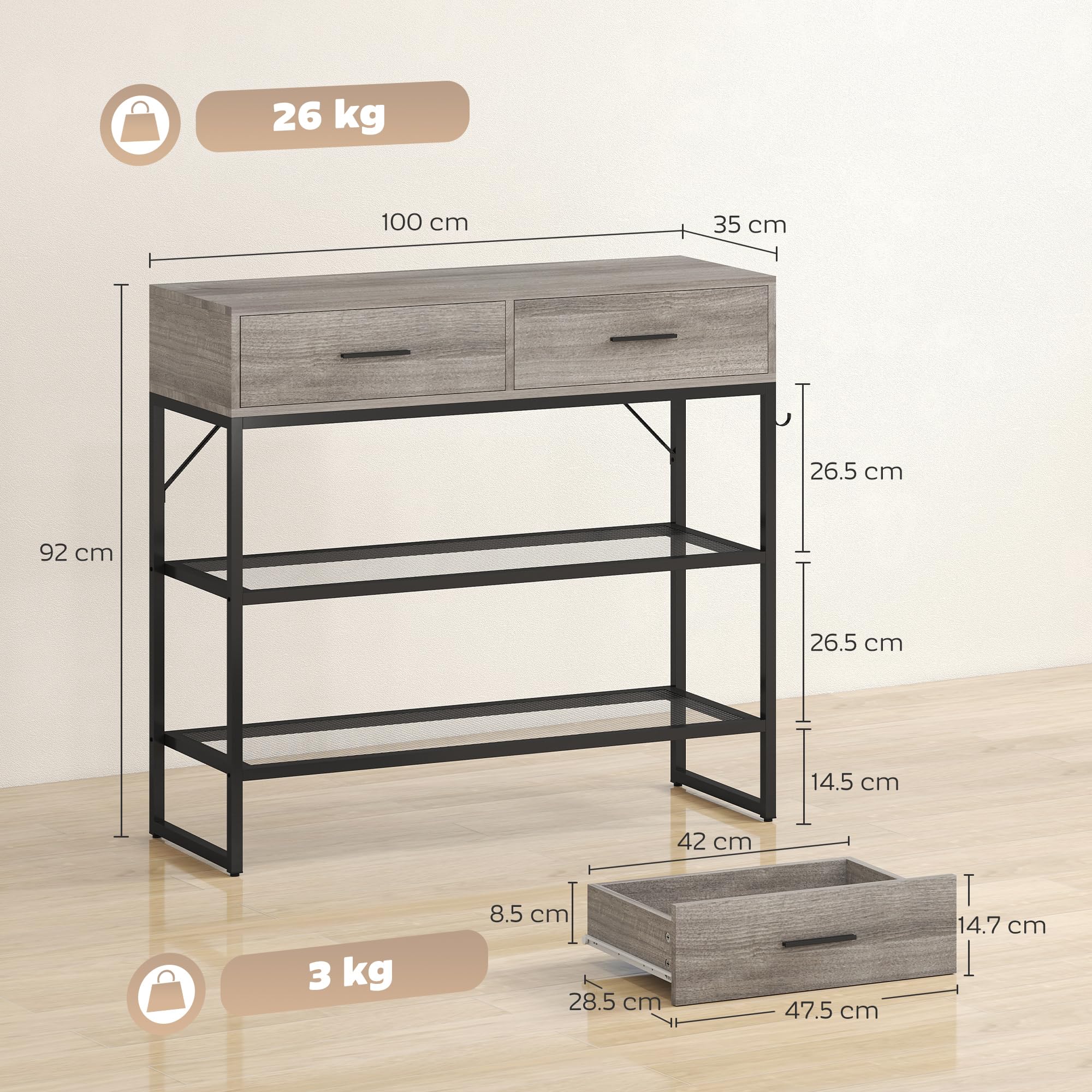 HOMCOM Consolle Ingresso con 2 Cassetti, 2 Ripiani in Rete e Gancio Laterale, Tavolo Consolle in Legno e Metallo, Tavolino Ingresso per Camera da Letto, 100x35x92 cm, Color Legno Grigio Chiaro