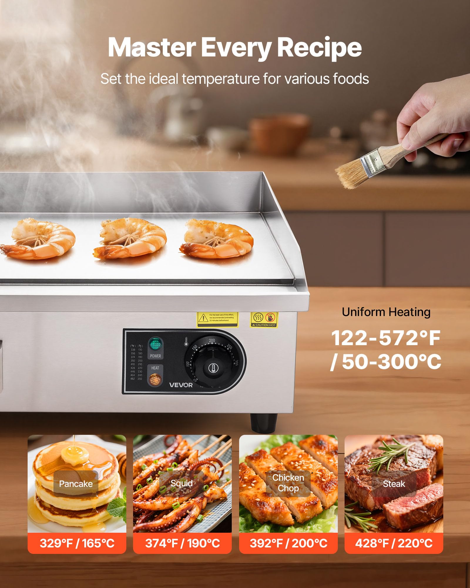 VEVOR Piastra Elettrica per Cottura Commerciale Griglia Elettrica per BBQ Piano Piatto 535 x 300 mm 3200 W, Temperatura Regolabile tra 50-300 °C, Griglia da Banco in Acciaio Inox per Bistecche