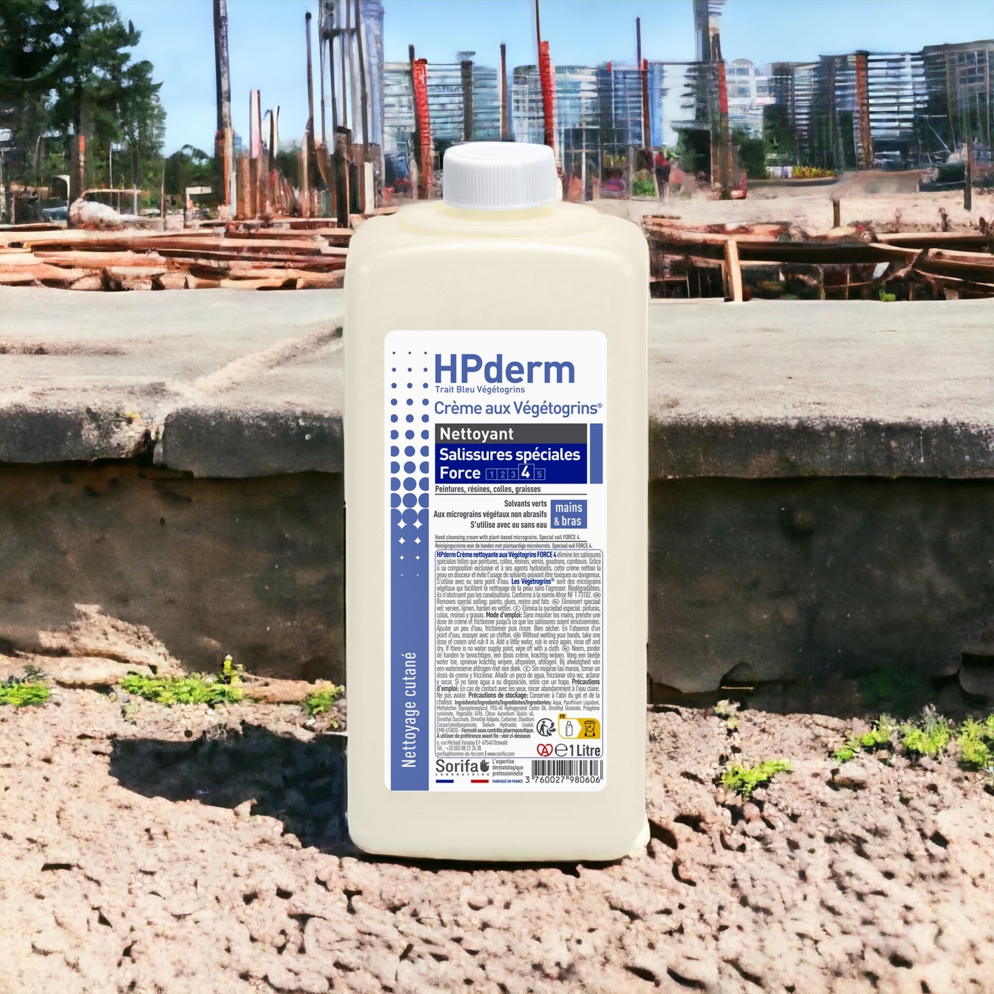 HPderm Crème nettoyante Force 4 - Mains et bras – Graisse, peinture, encre, mastic, goudron, colle, mousse - Sans savon – Flacon 1L.