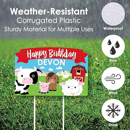 Miniatura 4 de Big Dot of Happiness Letrero personalizado de animales de granja, fiesta de cumpleaños de granero, decoración de césped, letrero de feliz cumpleaños