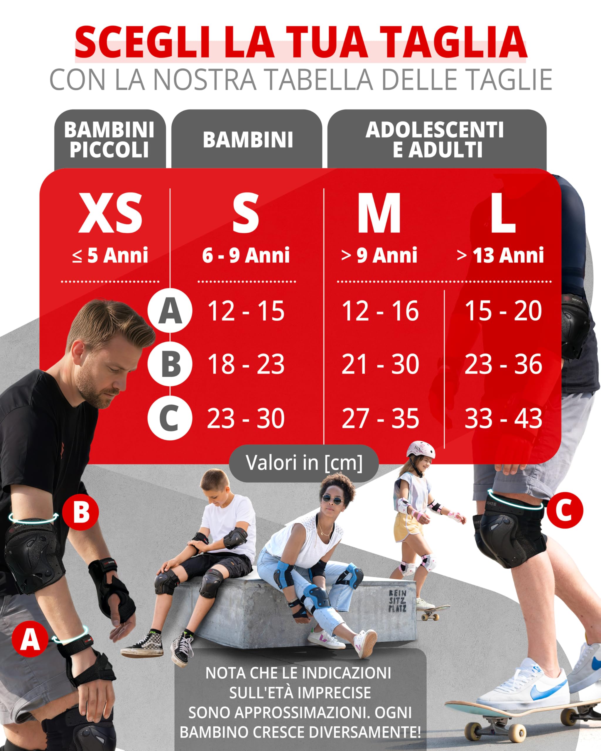 SKATEWIZ Set di Protezioni per Bambini – Ginocchiere in Fodera per Bambini – Set di Protezione [6] per Bambini e Adulti, vestibilità Ideale Grazie alle Grandi Protezioni con Alti Livelli di