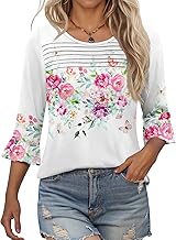 Kistore Womens 3/4 Sleeve Tops Summer Tunic Shirts Casual Dressy Crew Neck Top Printed Pleated Blouses