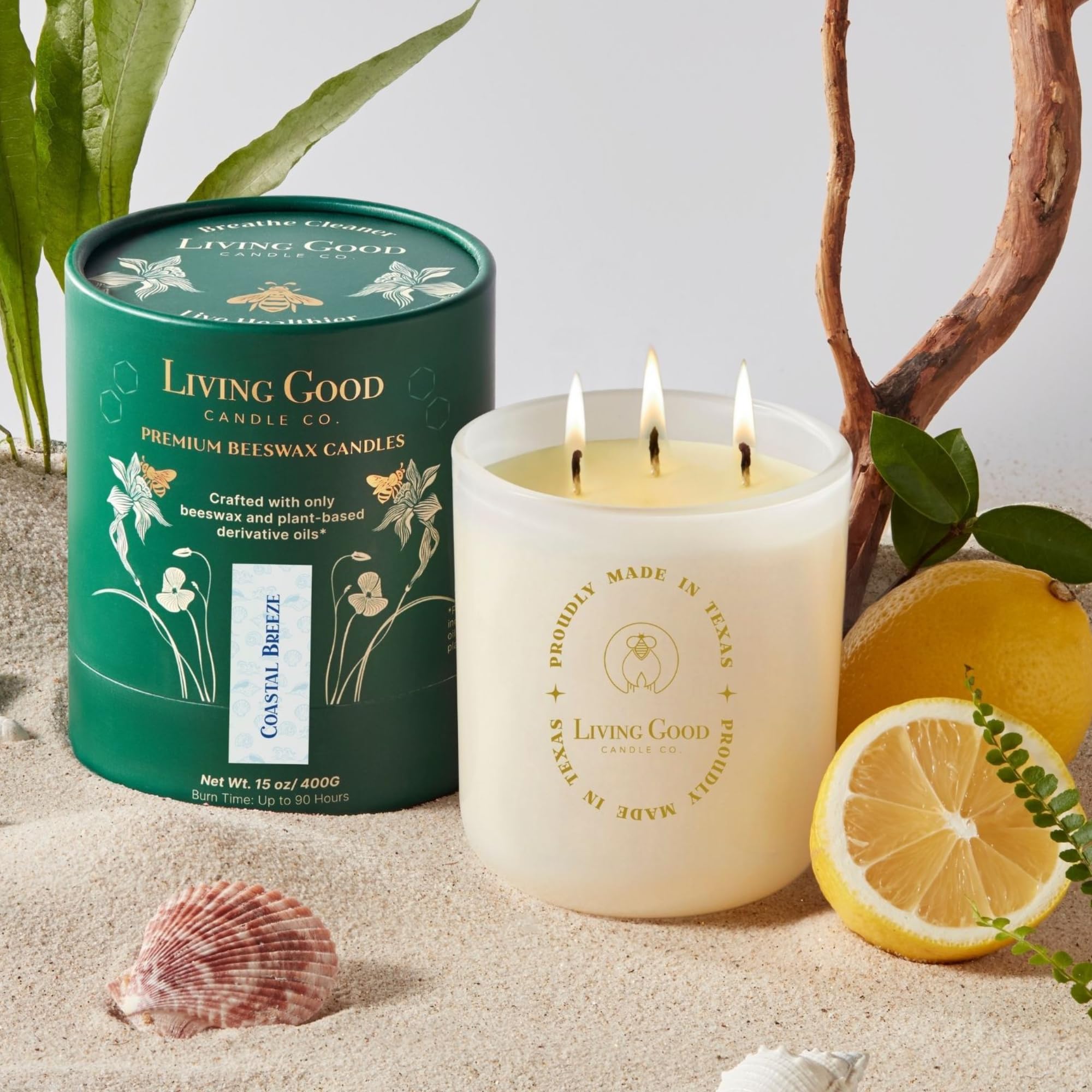 Coastal Breeze - Yuzu & Sea Salt Pure Beeswax Candle – 90+ Hours Long Burning Classically Designed Non-Toxic Scented Candles for Home Decor with