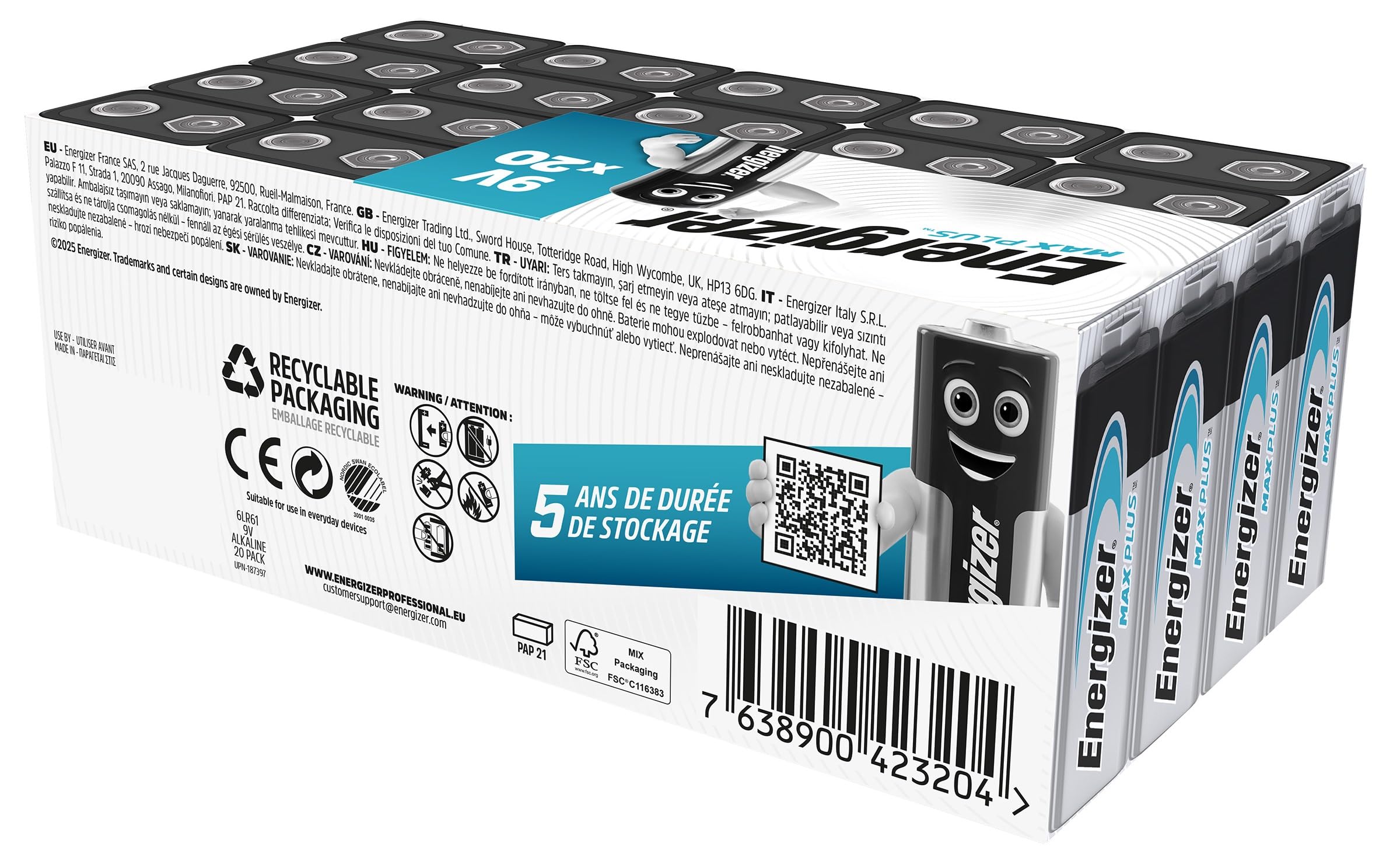 Energizer Max Plus - Batterie alcaline da 9 V, confezione da 20