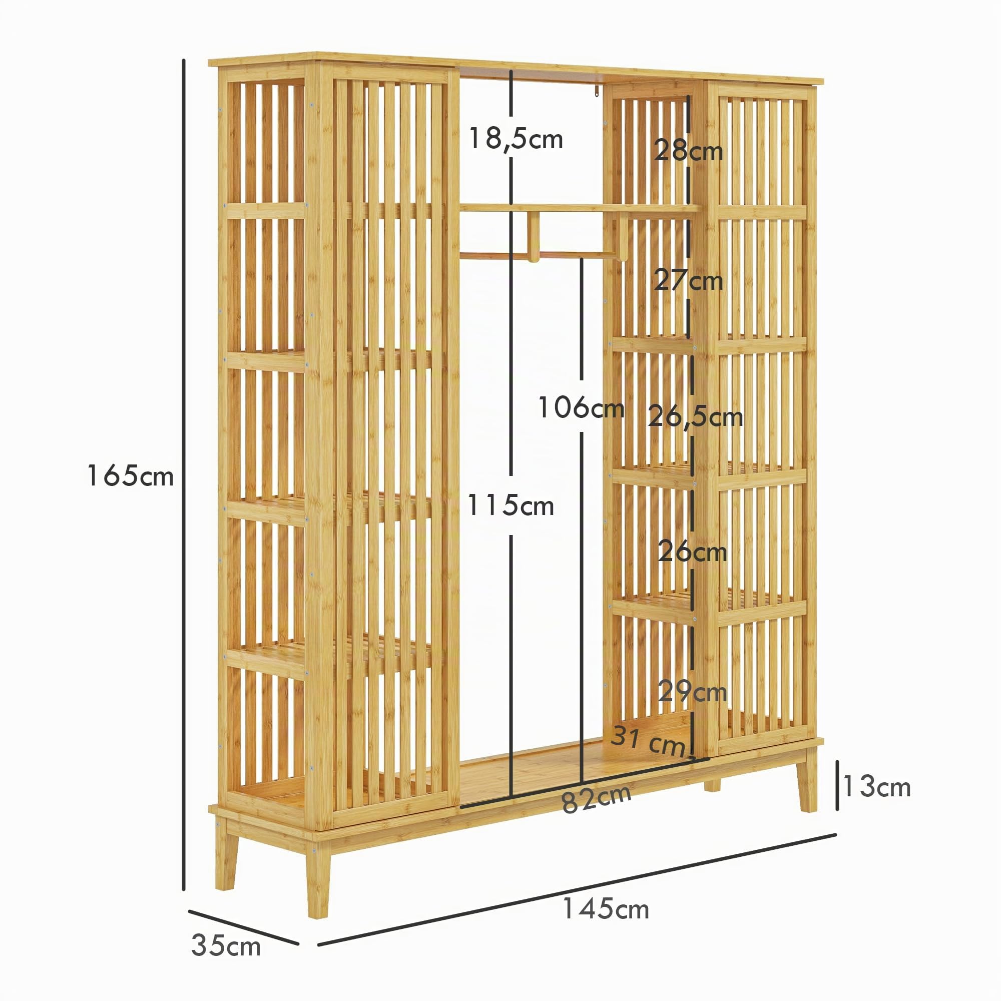 HOMCOM Kleiderschrank aus Bambus Aufbewahrungsschrank mit 2 Schiebetüren, offenen Regalen und Kleiderstange für das Schlafzimmer, 145 x 35 x 165cm, Naturholz-Finish
