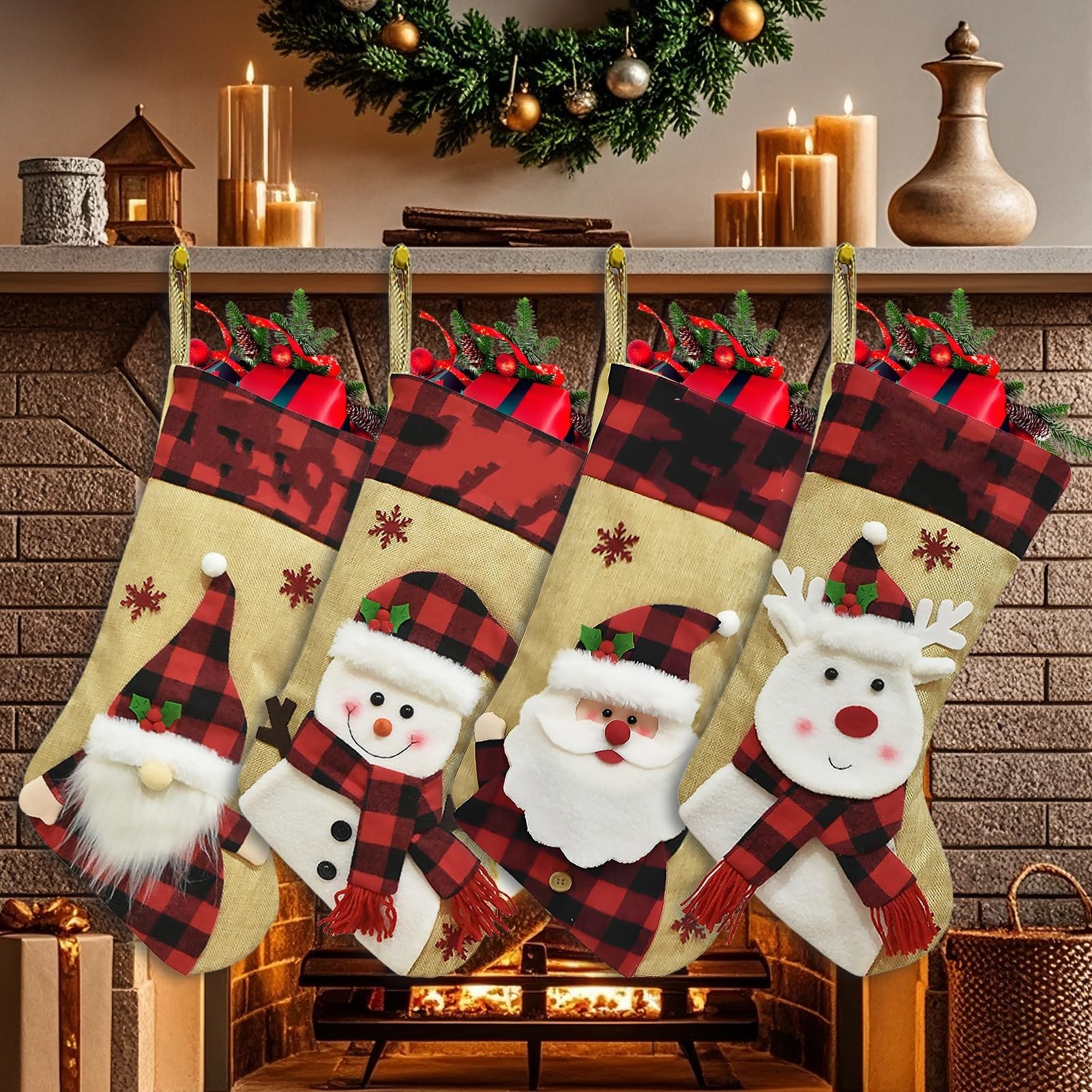 46 cm Große Weihnachtsstrumpf zum Aufhängen & Befüllen - Familie Weihnachtssocken Kinder - Nikolausstiefel Weihnachtsdeko Kamin - 4 Stück