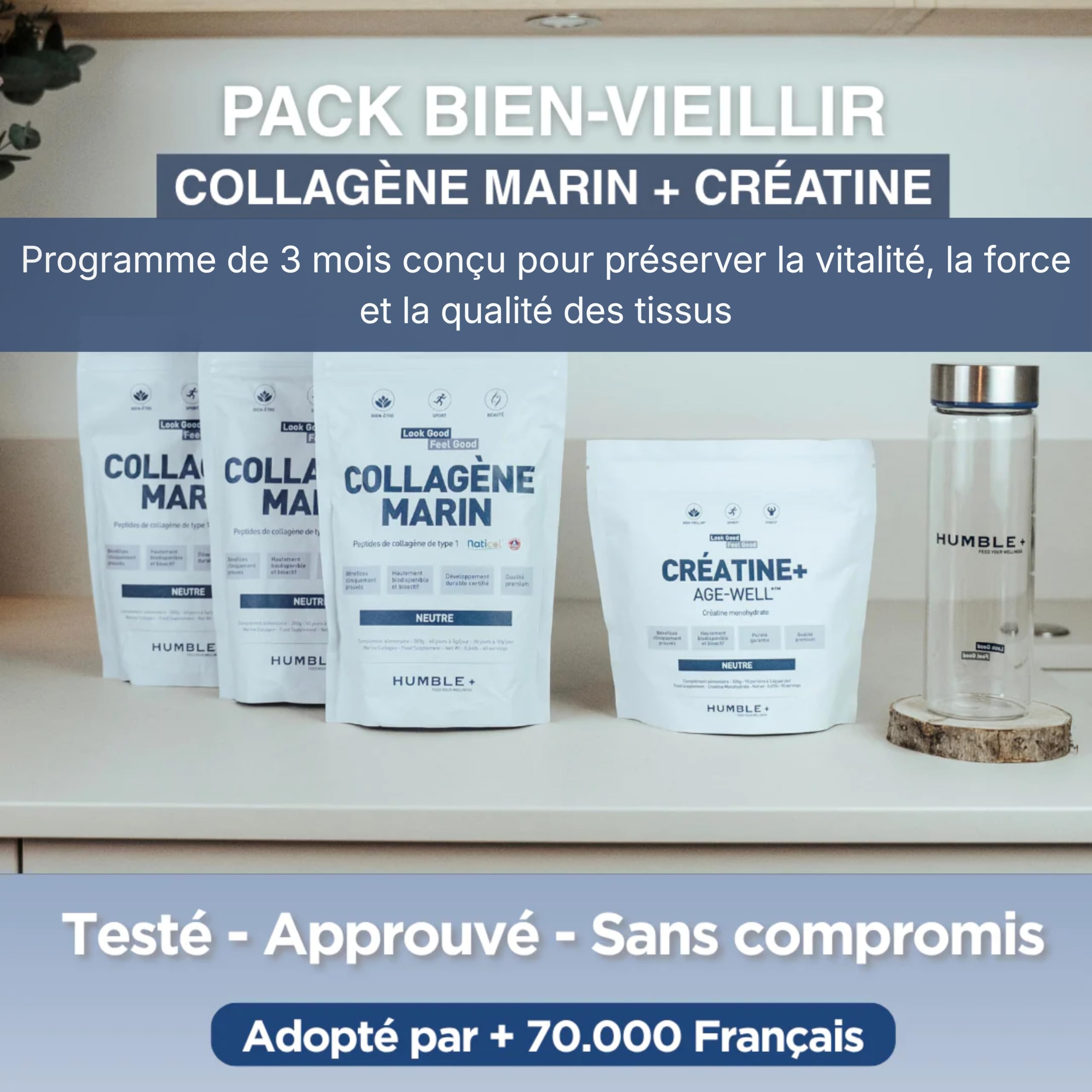 HUMBLE+ Pack Bien Vieillir 3 Mois - Collagène Naticol + Créatine - 2 kg | Peptides Marins & Monohydrate en Poudre - Programme sur Plusieurs Semaines - Complément Alimentaire - Marque Française