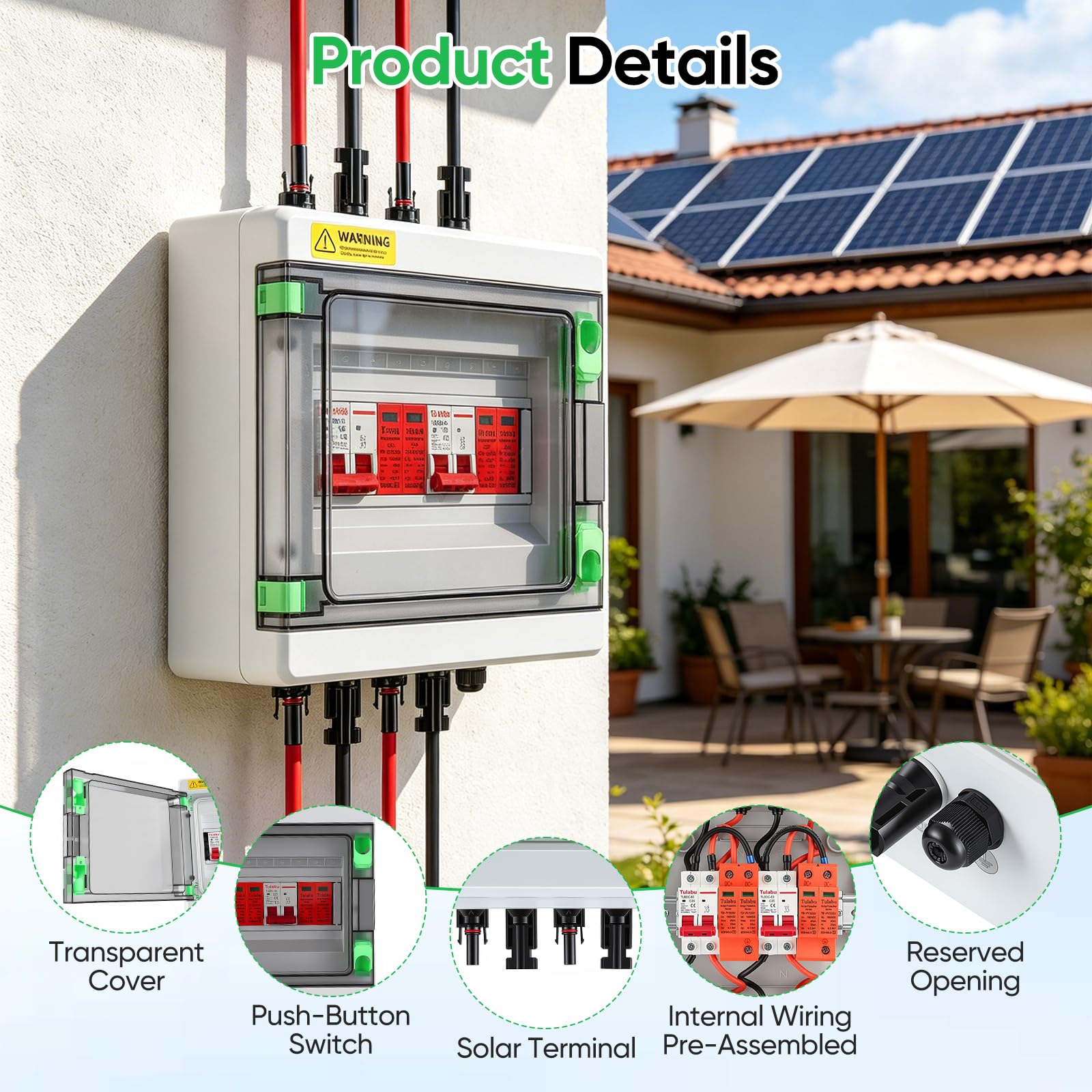 Quadro di Distribuzione, Protezione Sovratensioni DC 2-in-2 Out Sezionatore Fotovoltaico Cassetta Giunzione Solare per Impianti Fotovoltaici (2 Stringhe) 1000V DC 40A 20-40kA Quadro Connessione IP65