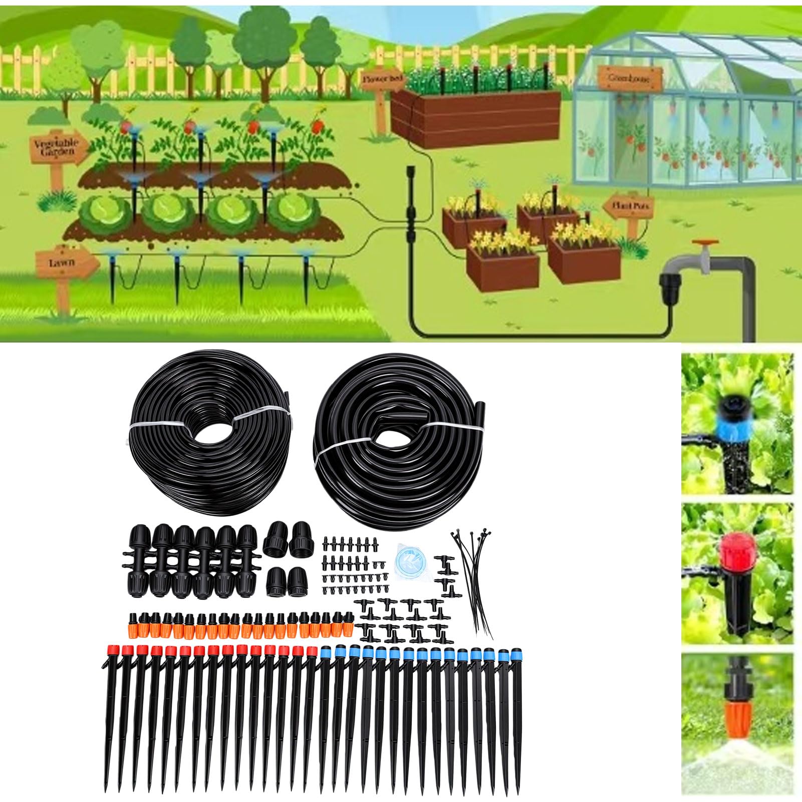 Luocute di Irrigazione a Goccia, con Gocciolatori Regolabili | Kit di irrigazione da giardino a connessione rapida, per serra, aiuola rialzata, pianta in vaso