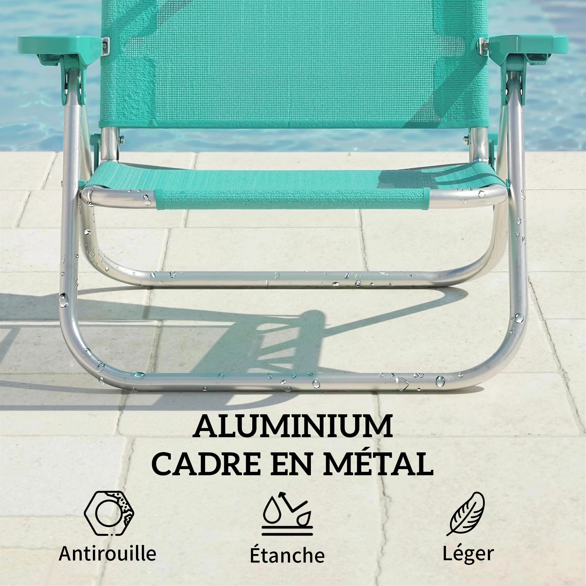 Outsunny - Silla de Playa Plegable con Toldo Ajustable, Respaldo Reclinable de 6 Posiciones, Reposacabezas, Aluminio y Malla Transpirable, para Exterior, Jardín, Pícnic, Festival, Viajes, Turquesa