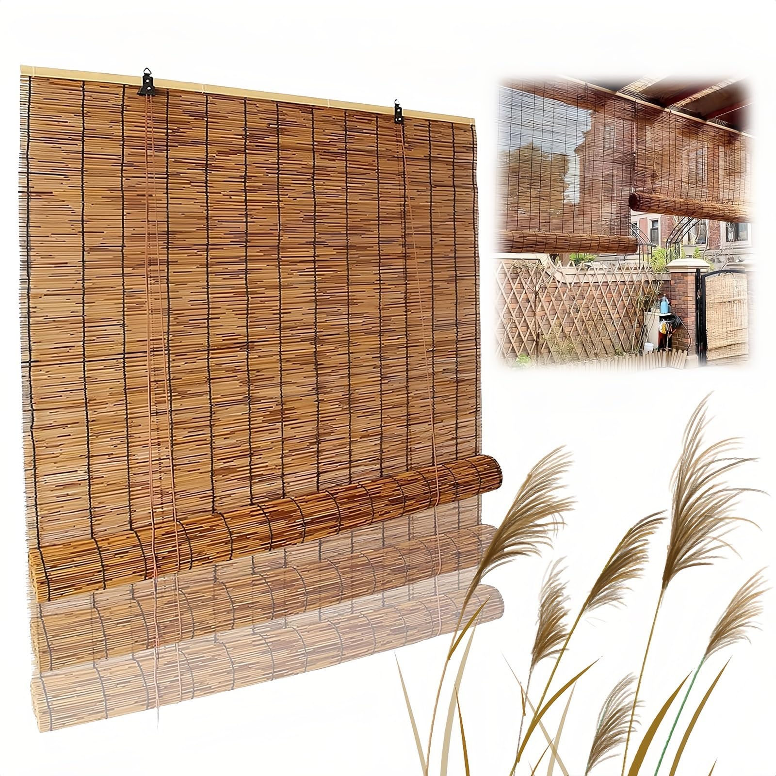 Cmjymx One Color Bamboo Blinds Outdoor Indoor 50-150Cm Wide, Reed Curtain With Lifter For Window Patio Gazebo Restaurant - Light Filtering Roller Shades - Easy To Install(90X130cm/35X51in)