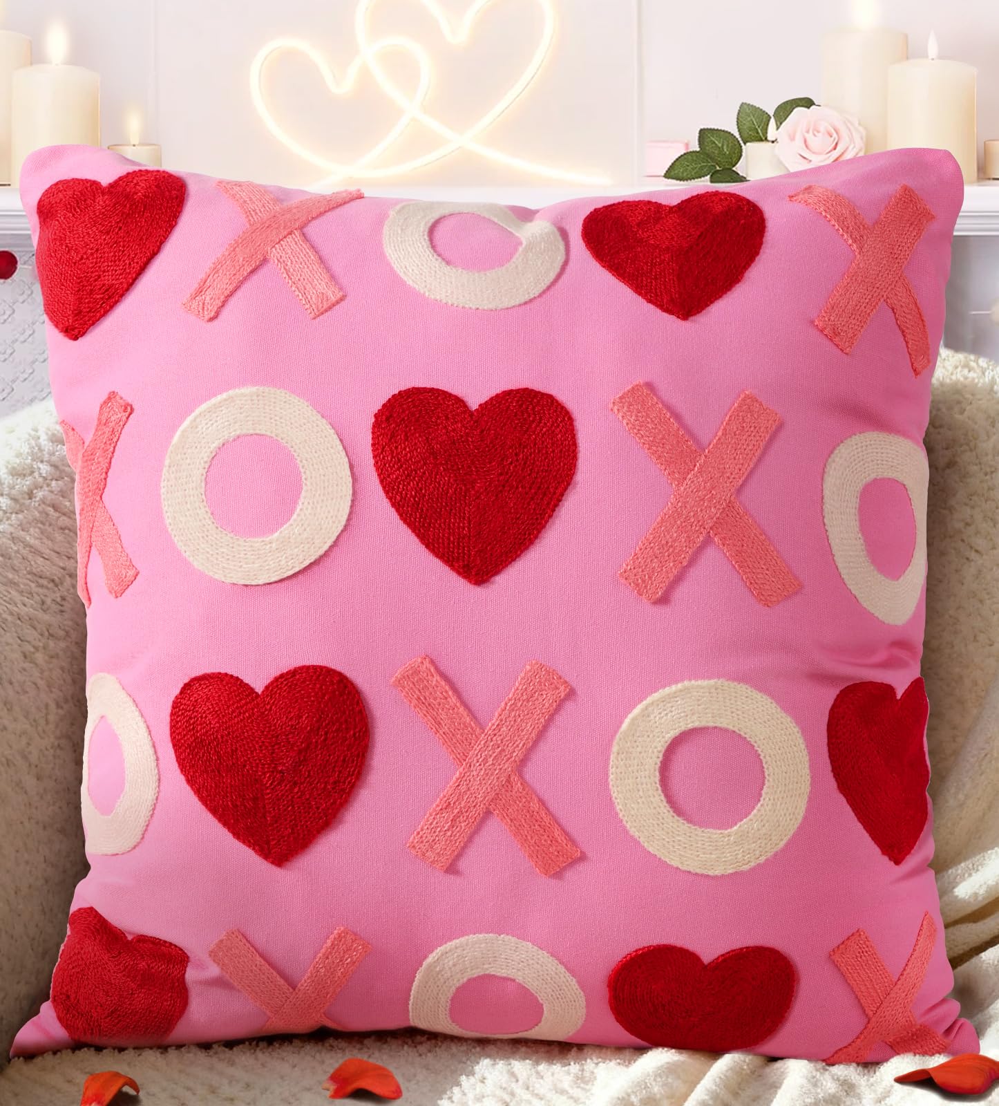 Valentines Pillow Cover 18x18 Inch - Embroidered Valentines Day Red Hearts Hugs and Kisses XO Design Throw Pillow