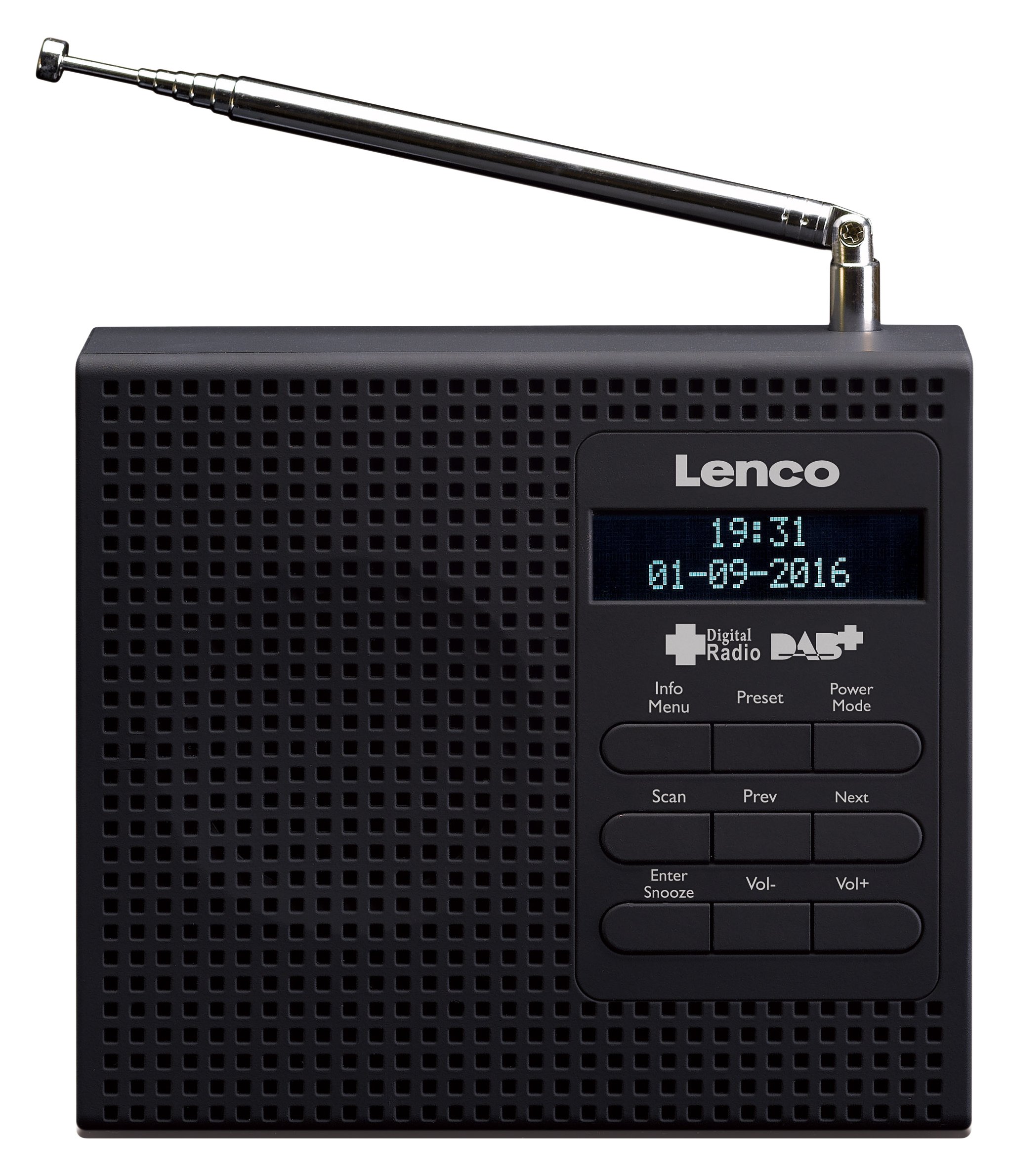 Lenco PDR-020 DAB+/FM Radio, black and white models side-by-side with telescopic antennas extended