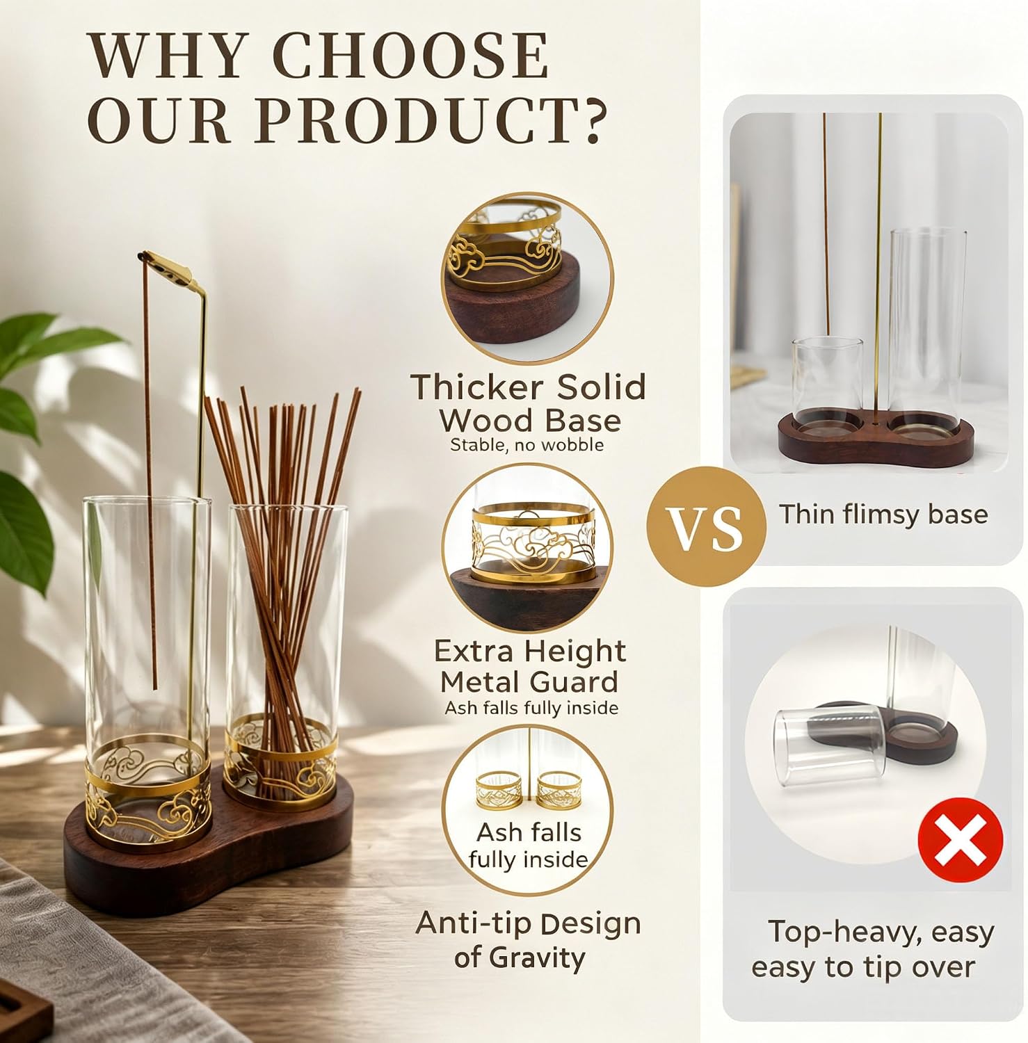 2 in 1 Incense Holder Set, Anti-Tip Burner, Glass Ash Catcher, 20 Sticks