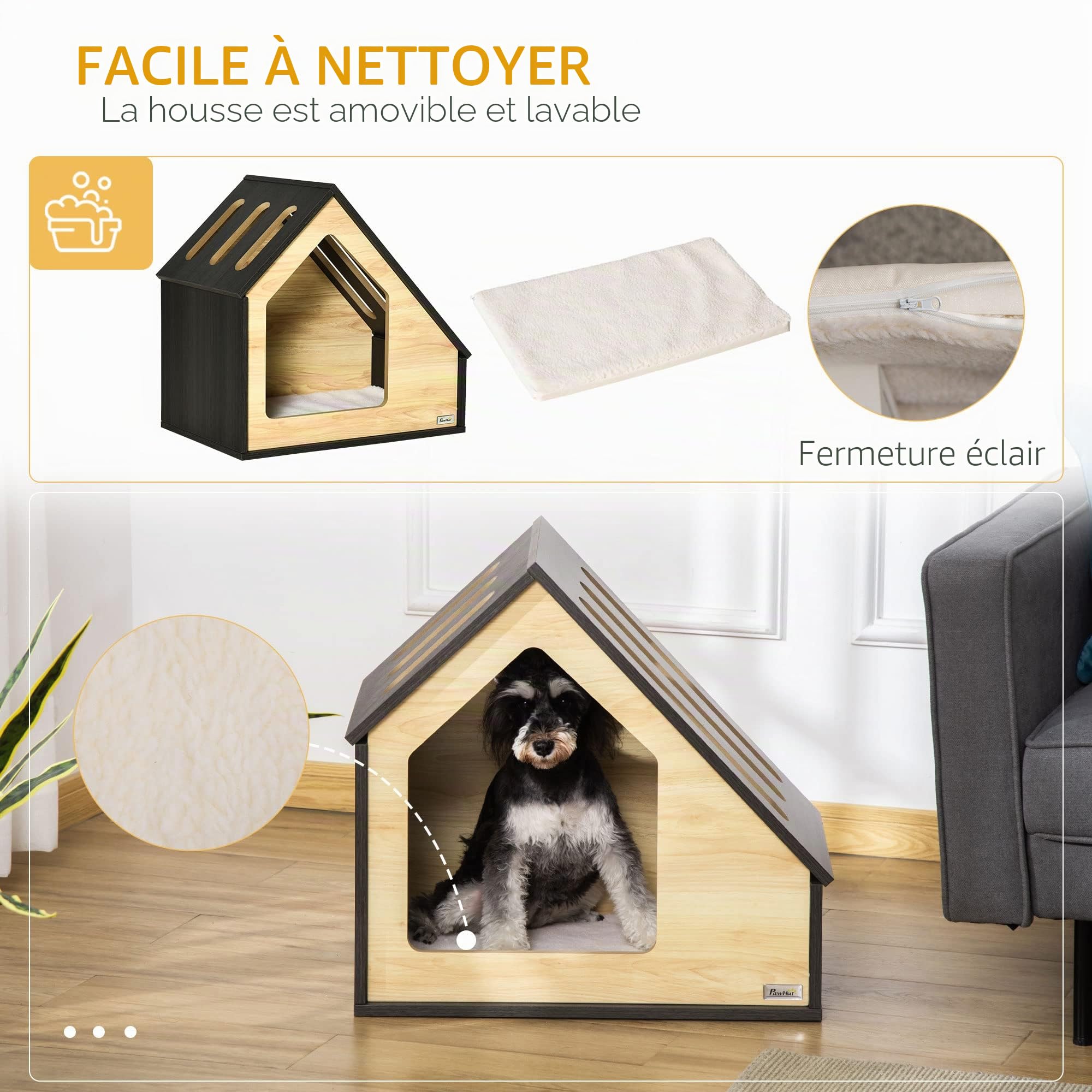 PawHut Niche pour chien en bois d'intérieur Cave à chat Maison pour chat Couchage pour chien avec coussin Maison pour chien Niche pour chien avec toit incliné pour petits chiens jusqu'à 8 kg 60 x 40 x
