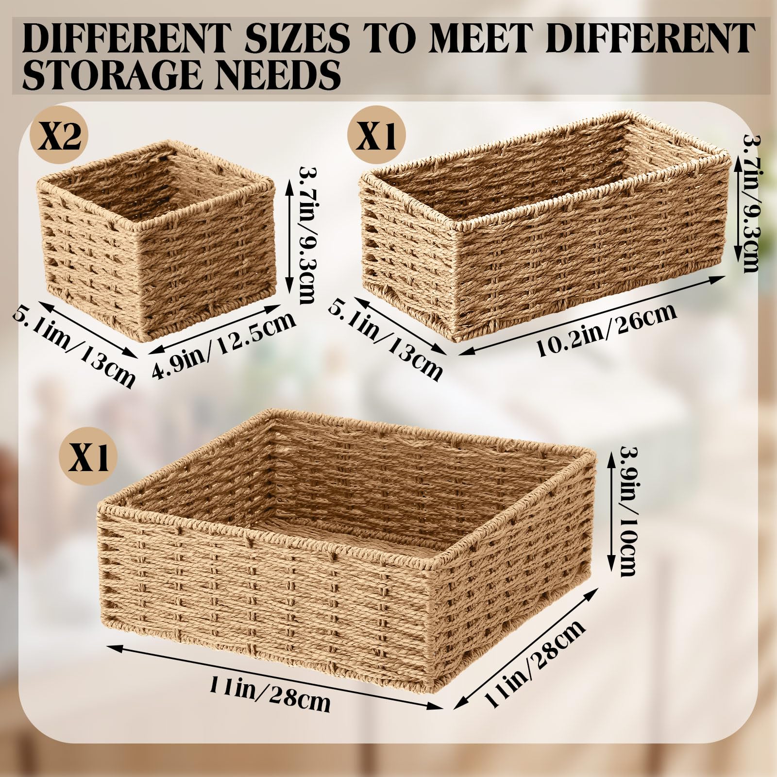 Juego de 4 cestas de almacenamiento naturales, juego de 4 cestas decorativas rústicas tejidas de cuerda de papel para organizador de baño en 3 tamaños para estante de inodoro, encimera