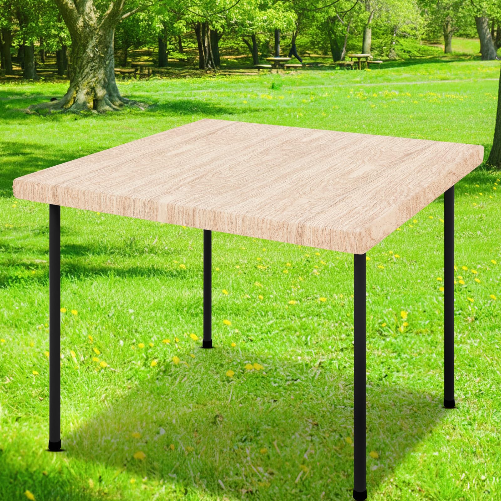 Photo 1 of Smiry Square Table Cloth Cover, Waterproof Elastic Fitted Picnic Tablecloth, Wipeable Flannel Backed Vinyl Tablecloths for Camping, Dining, Outdoor (Beige Wood, 24" x 24")