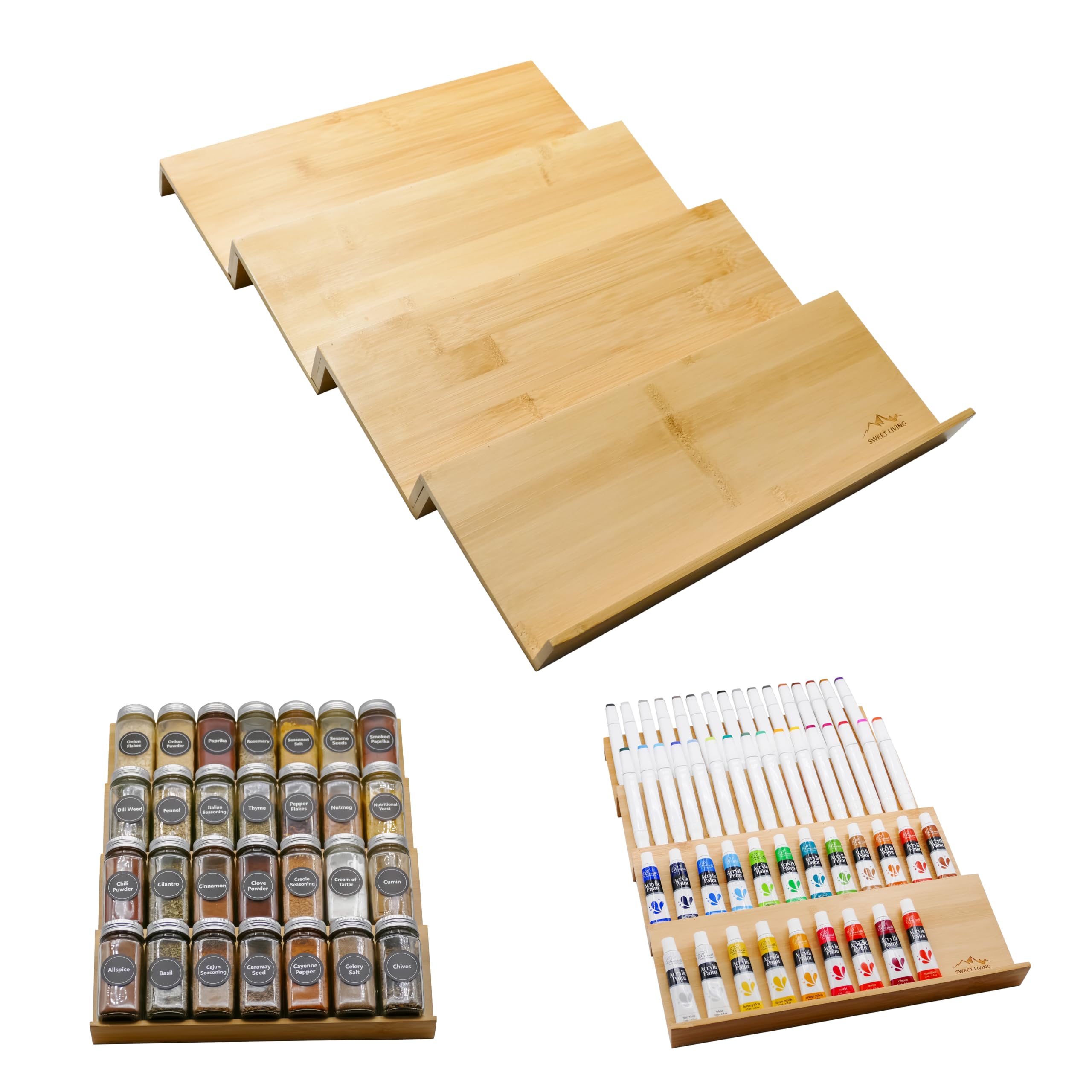 Organizador de especias para cajones de especias – Organizador de especias para gabinete (5 pulgadas de profundidad x 13 pulgadas de ancho x 1.2 pulgadas de alto) – Organizador de especias de bambú de