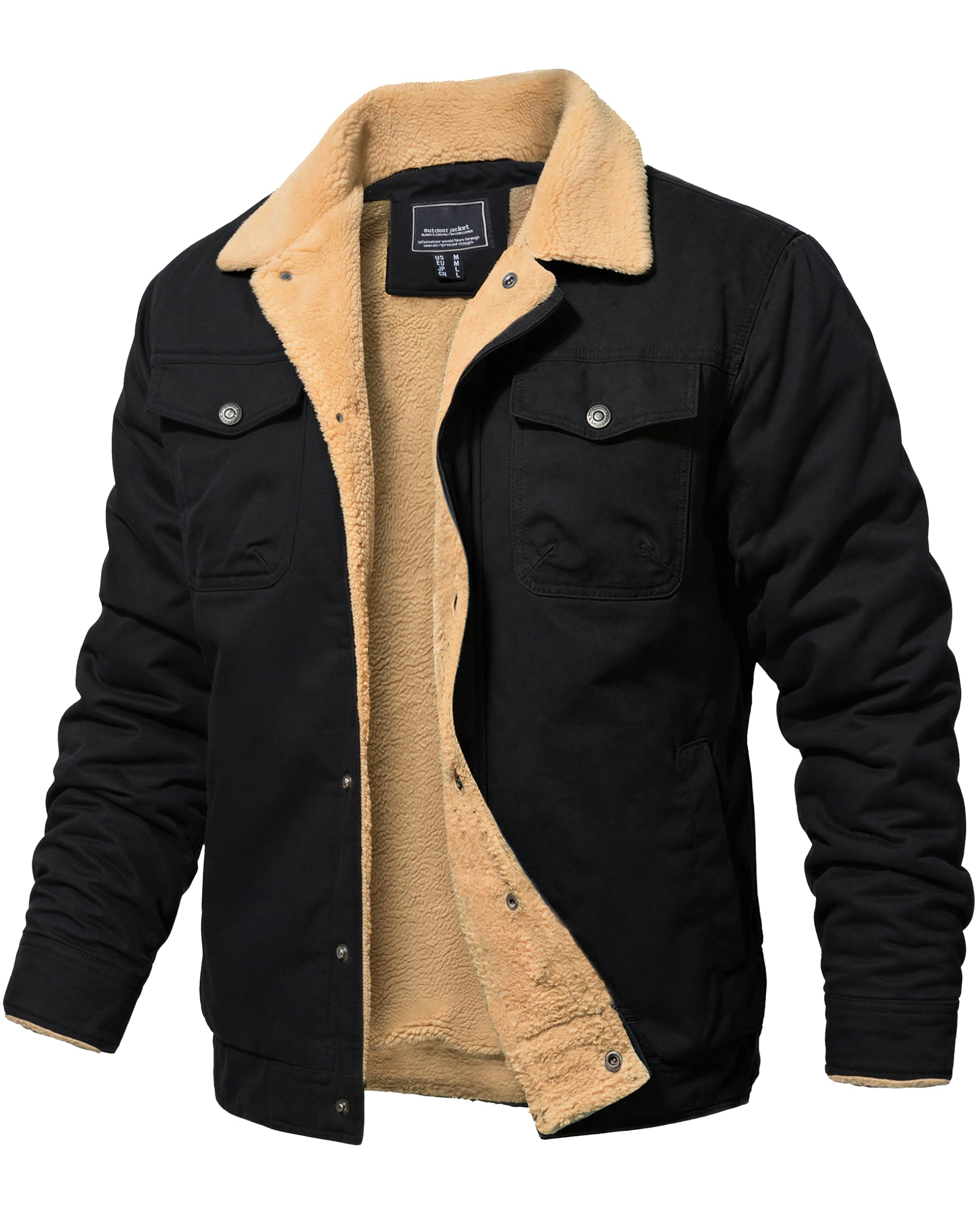 Men's Cotton Cargo Jacket Winter Sherpa Fleece Lined Work Jacket Coats with 5 Pockets