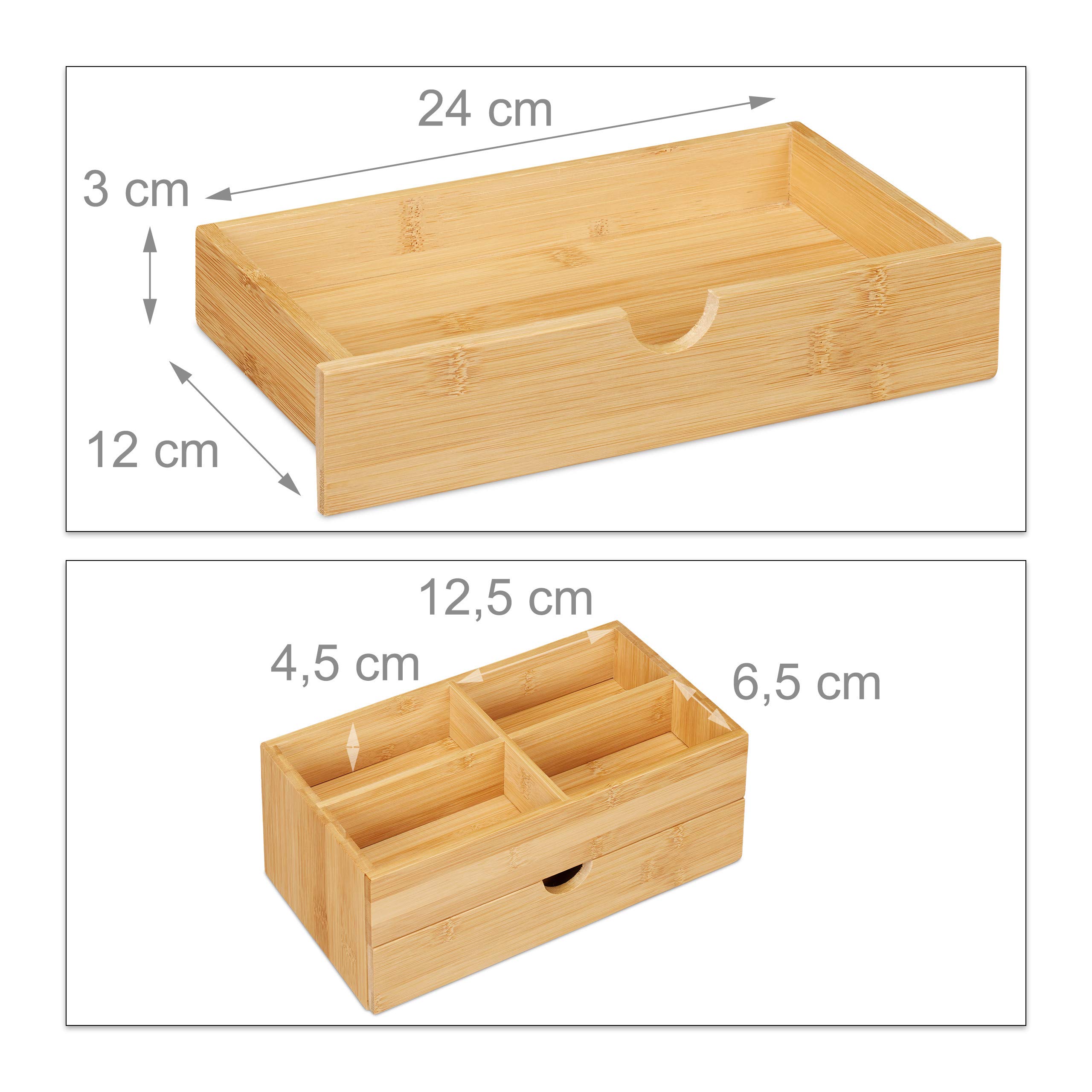 Relaxdays Bambusowy organizer na kosmetyki, wielofunkcyjny, 4 przegródki i szuflada, pudełko na biżuterię, pudełko do przechowywania kosmetyków, kolor naturalny, 11 x 27 x 15 cm