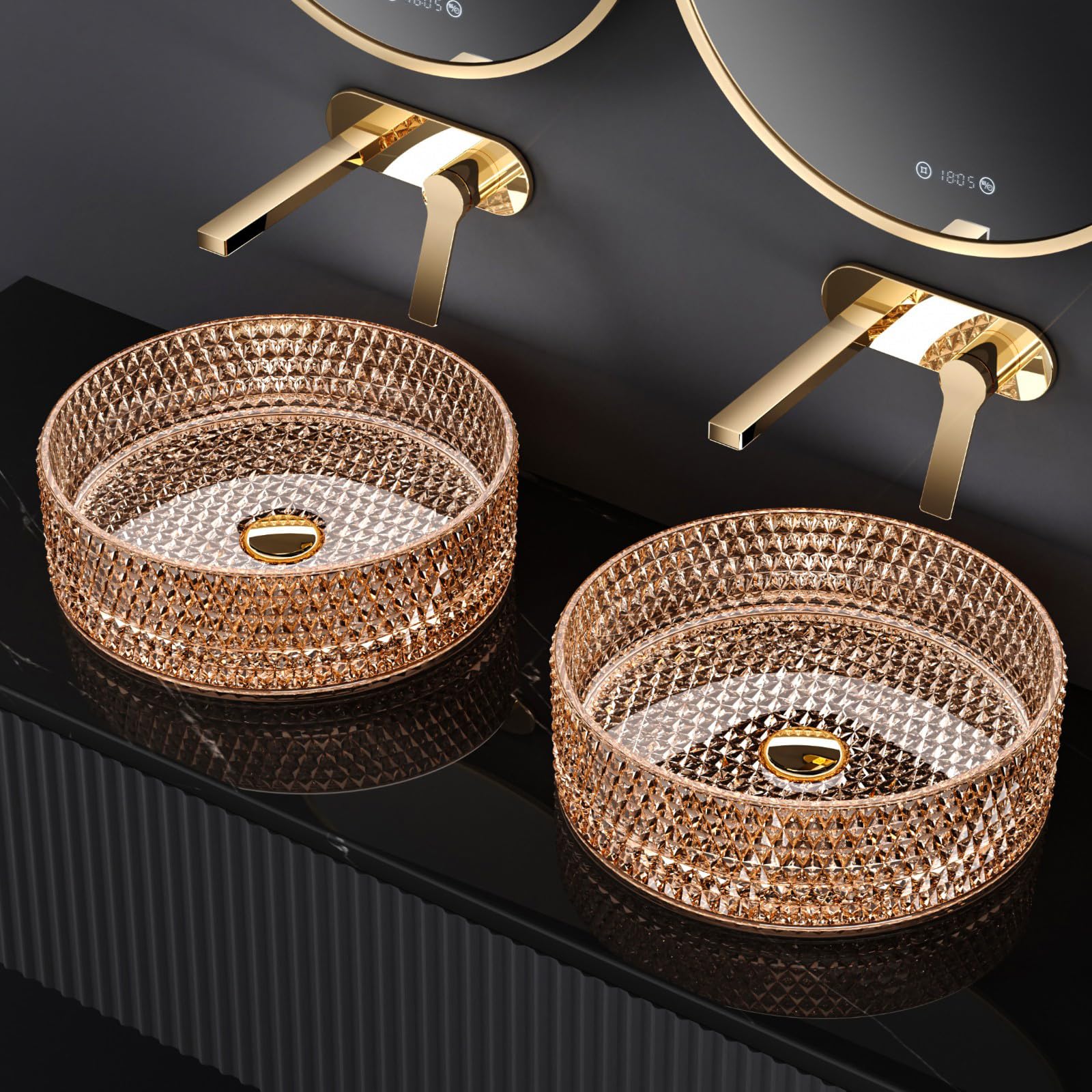 EMKE Lavabo para montar en cristal,360 x 360 x 112 mm,rosa dorado | Lavamanos redondo, lavabo de para baño y WC de invitados, lavabo sin orificio para grifo
