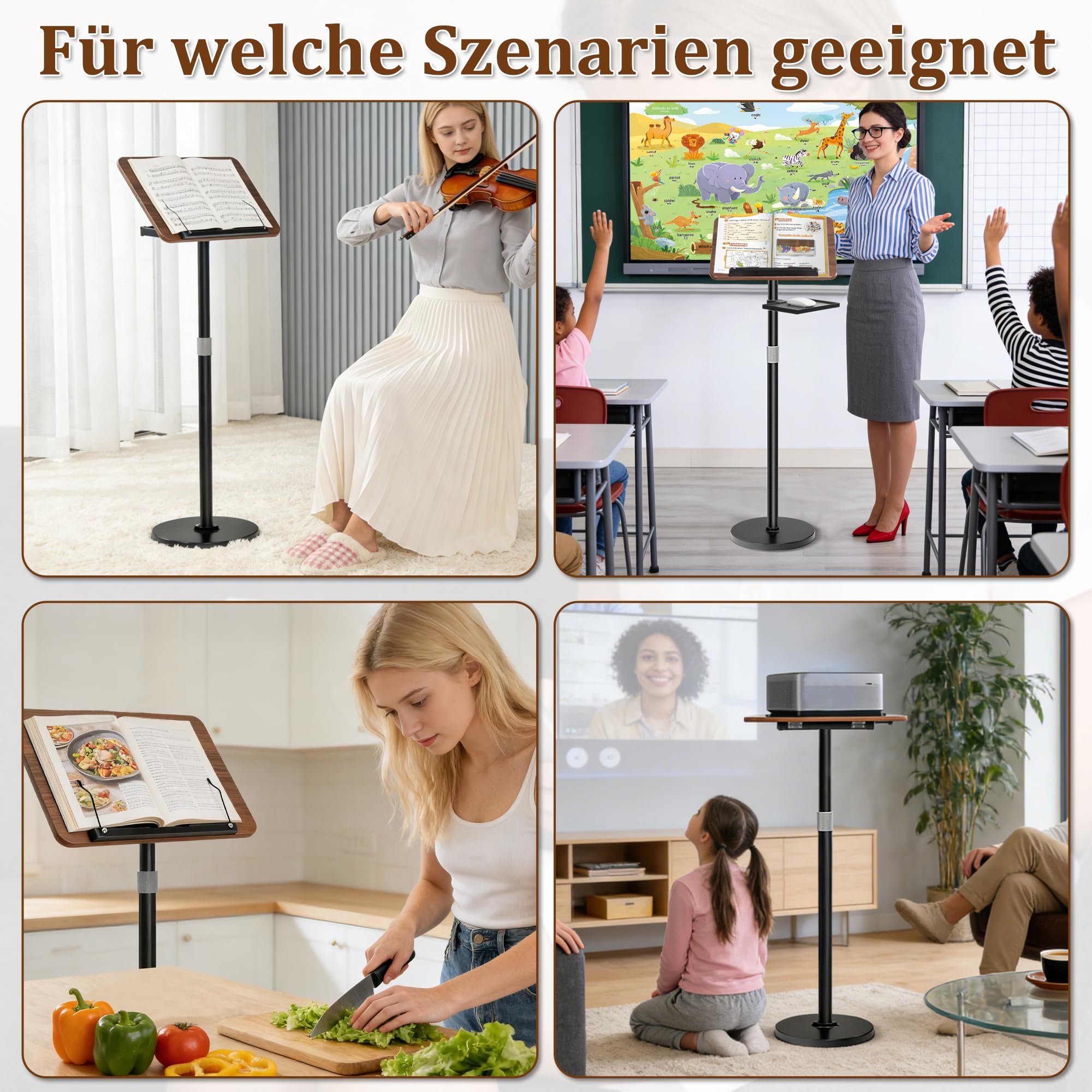 2 in 1 Verstellbarer Buchständer, Höhenverstellbar 50-130cm,Schwarz | Dual-Use Boden & Schreibtisch-Buchhalter, Holz-Kochbuchhalter mit Seitenclips, für Musikblatt, Rezept, Laptop