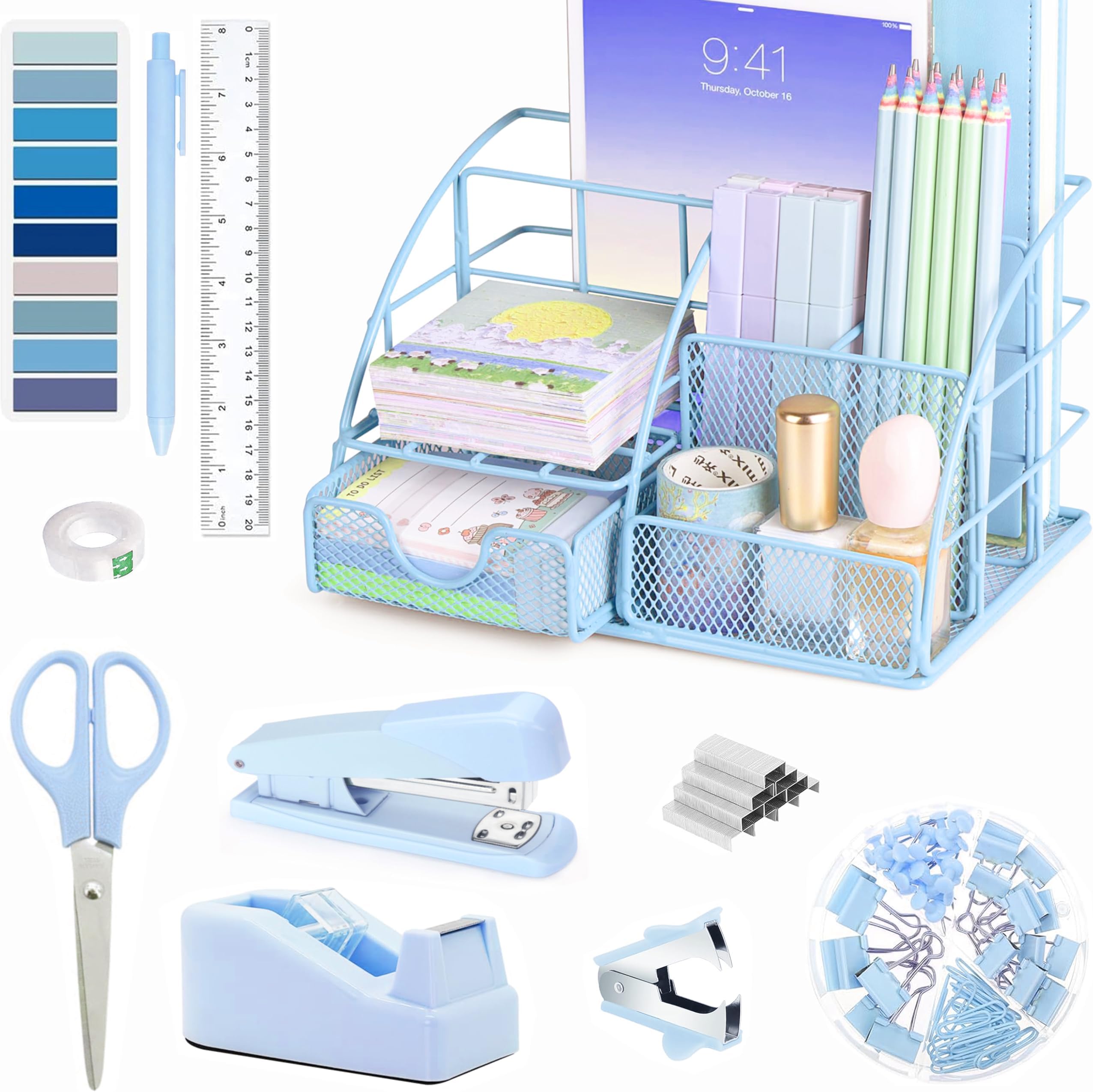 Scindaly Blue Office Desk Accessories Supplies, 11pcs Desk