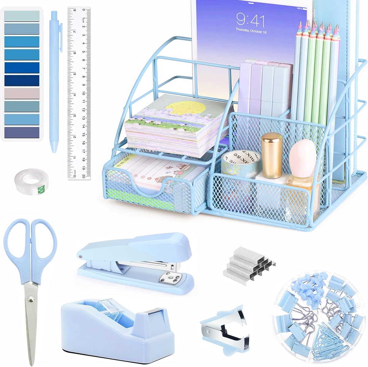 Scindaly Blue Office Desk Accessories Supplies, 10pcs Desk Organizers and Accessories with Tape Dispenser and Stapler,Staples,Scissor,Ruler,Sticky Tabs,Tape,Ballpoint Pen,Clips Set