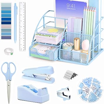 Scindaly Blue Office Desk Accessories Supplies, 11pcs Set with Tape Dispenser, Stapler, Mesh Organizer, Scissor, Ruler, Sticky Tabs, Ballpoint Pen, Clips Set