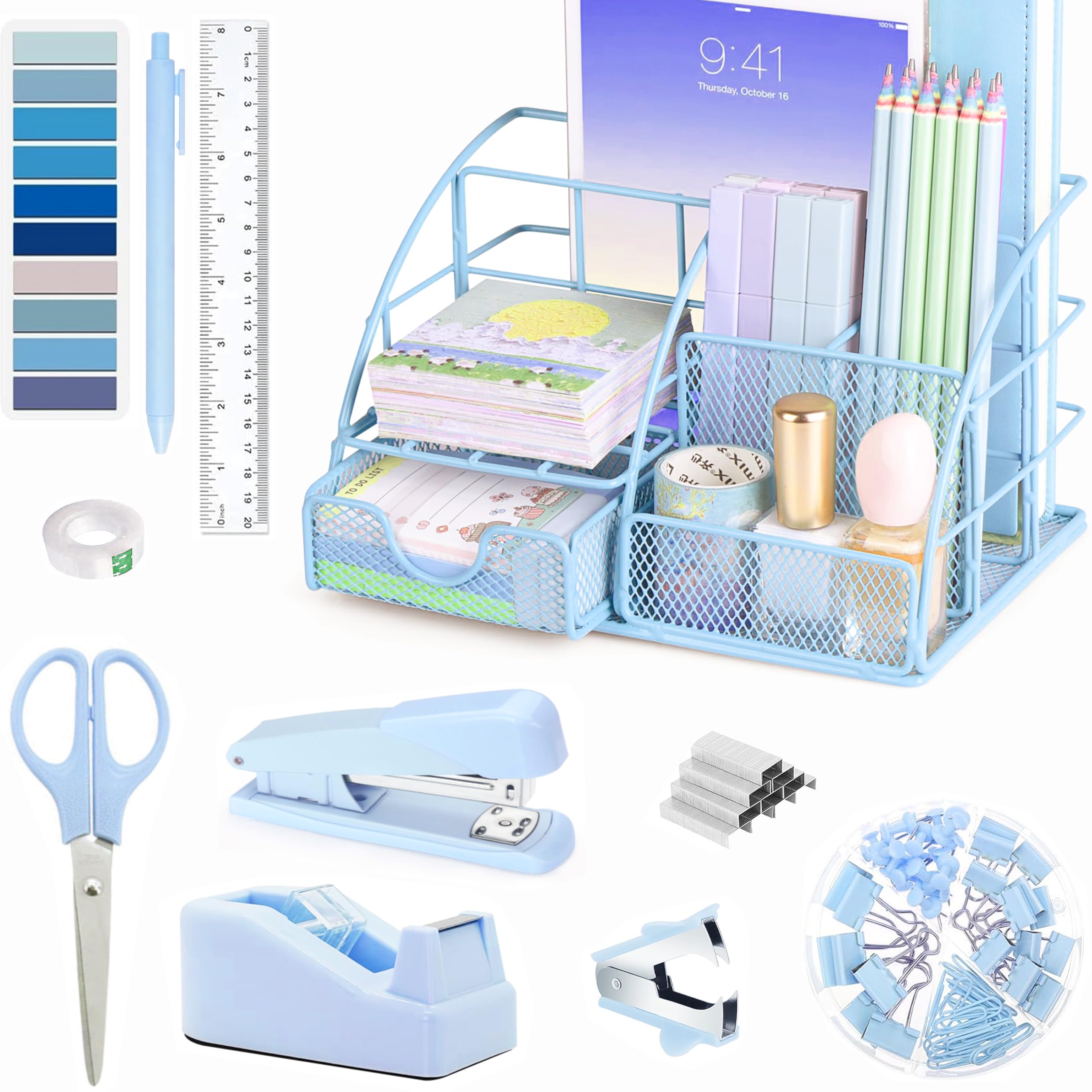 Blue Office Desk Accessories Supplies, 10pcs Desk Organizers and Accessories with Tape Dispenser and Stapler,Staples,Scissor,Ruler,Sticky Tabs,Tape,Ballpoint Pen,Clips Set