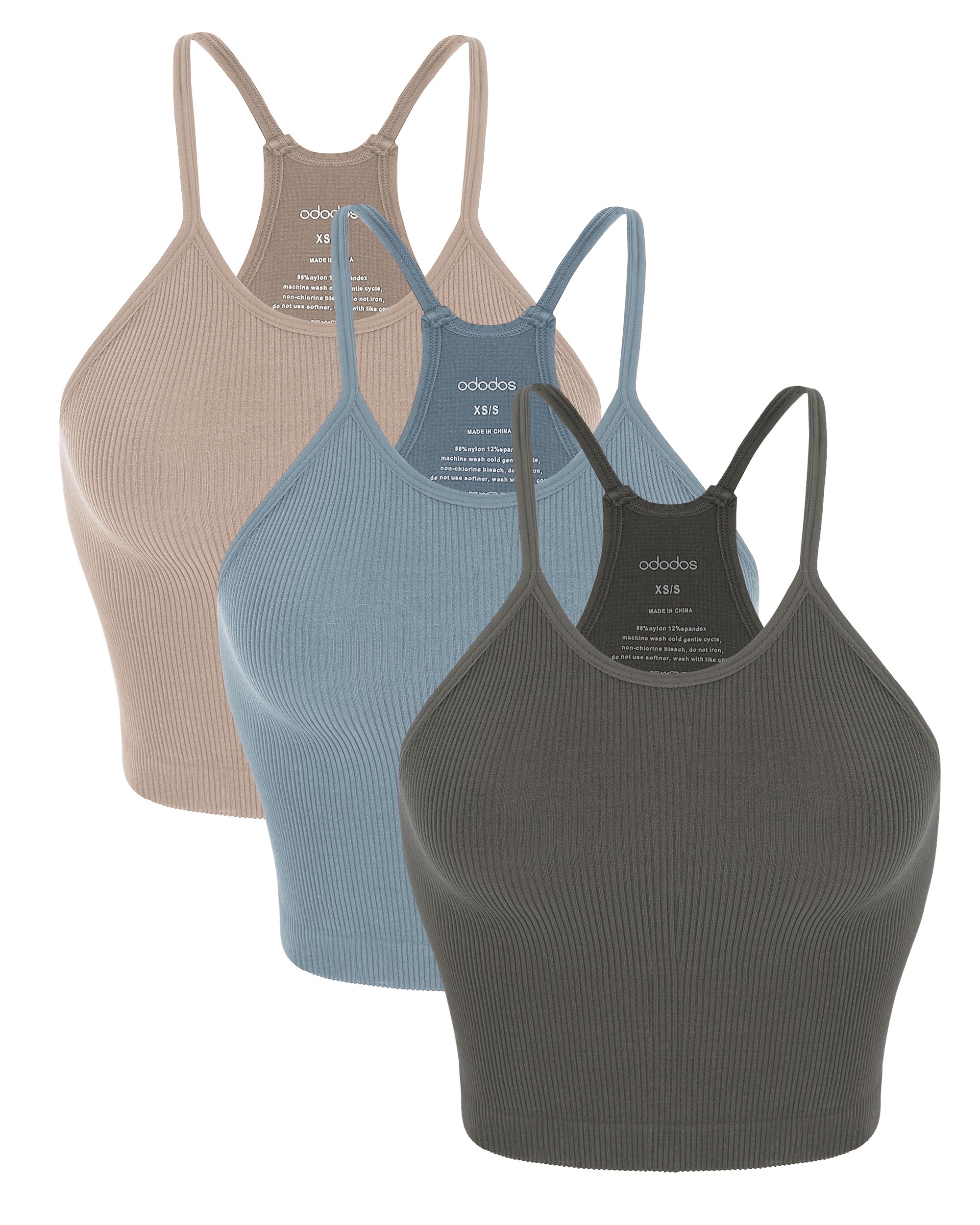 ODODOS Women's Crop 3-Pack Seamless Rib-Knit Camisole Crop Tank Tops