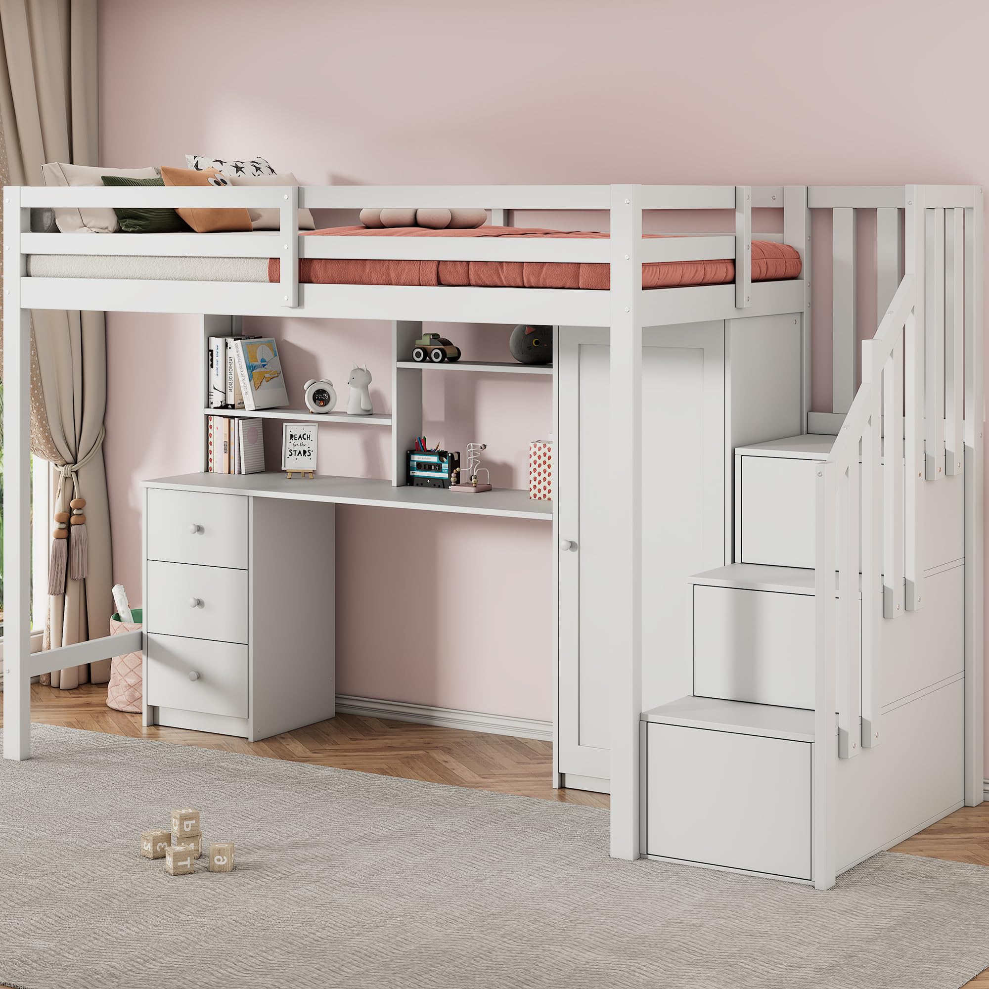 Letto a castello 90 x 200 cm con scrivania e armadio, scala, letto a soppalco multifunzionale per bambini, dotato di cassetti e ripostiglio a scala, ampio spazio di archiviazione, senza