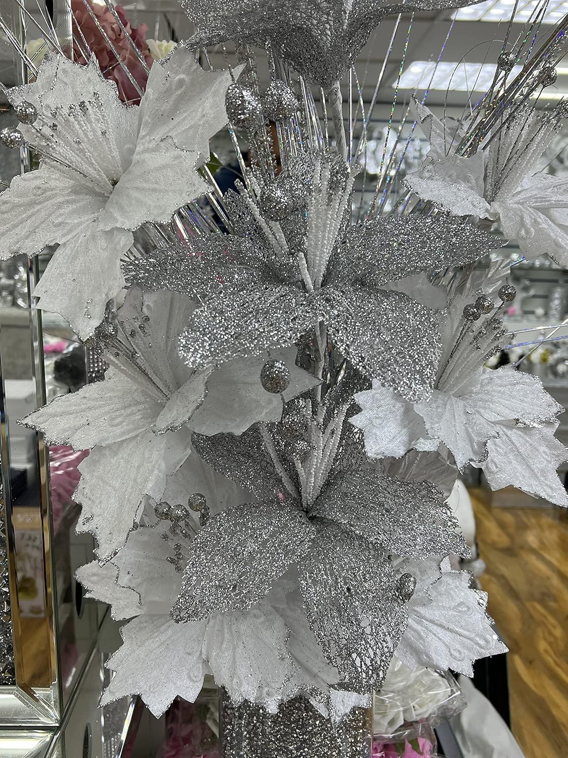 Jayogla White + Silver Artificial Glitter Silk Flower Bunch, 35 Cm, For Vase, Home, Garden, Office Decoration (, 30Cm)