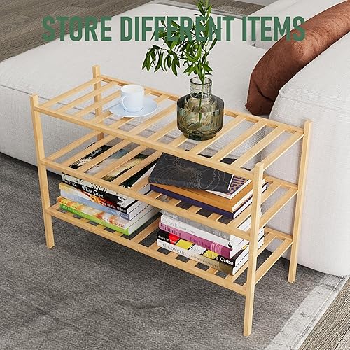 Miniatura 4 de TRUELAND Zapatero de bambú de 3 niveles, organizador de zapatos apilable de alta calidad para entrada, sala de estar, armario, pasillo, baño,