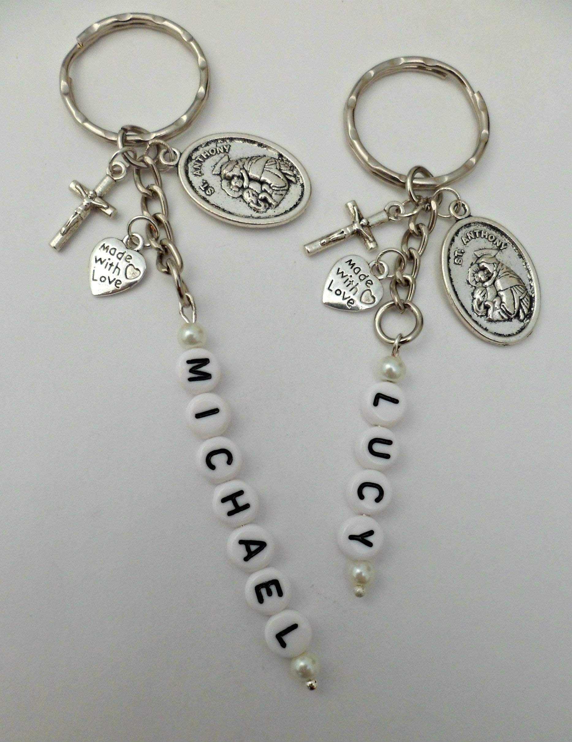 HandmadePersonalised Keyring St Anthony of Padua Patron Saint Pendant Crucifix any Name or Word