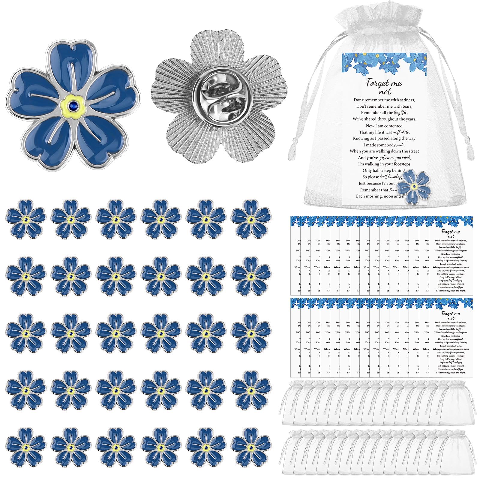 Forget Me Not Memorial Pin Flower Lapel Brooch Funeral Favor with Memorial Poem Cards and Organza Bags for Memorial Remembrance Presents