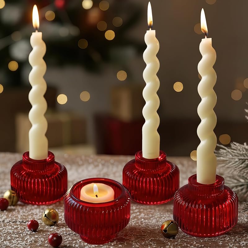 Kate Aspen - Juego de 4 portavelas cónicos acanalados rojos para candelabros, decoración navideña, candelabros navideños, candelabros rojos y portavelas votiva para centros de mesa navideños