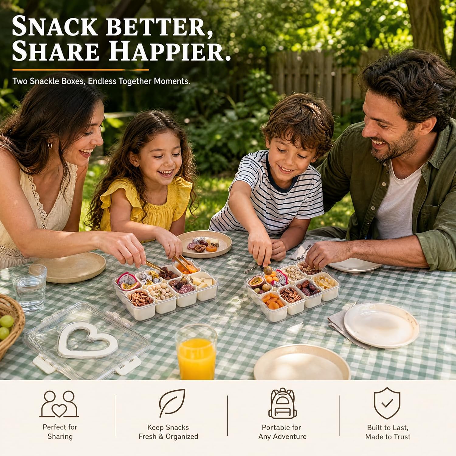 2 Pack Snackle Box Containers with Leakproof Lids and Handles, 8 Compartment Divided Serving Trays with Removable Containers, Spill-Proof Portable Snack Trays for Road Trips, Picnic, Beach, Party image 3