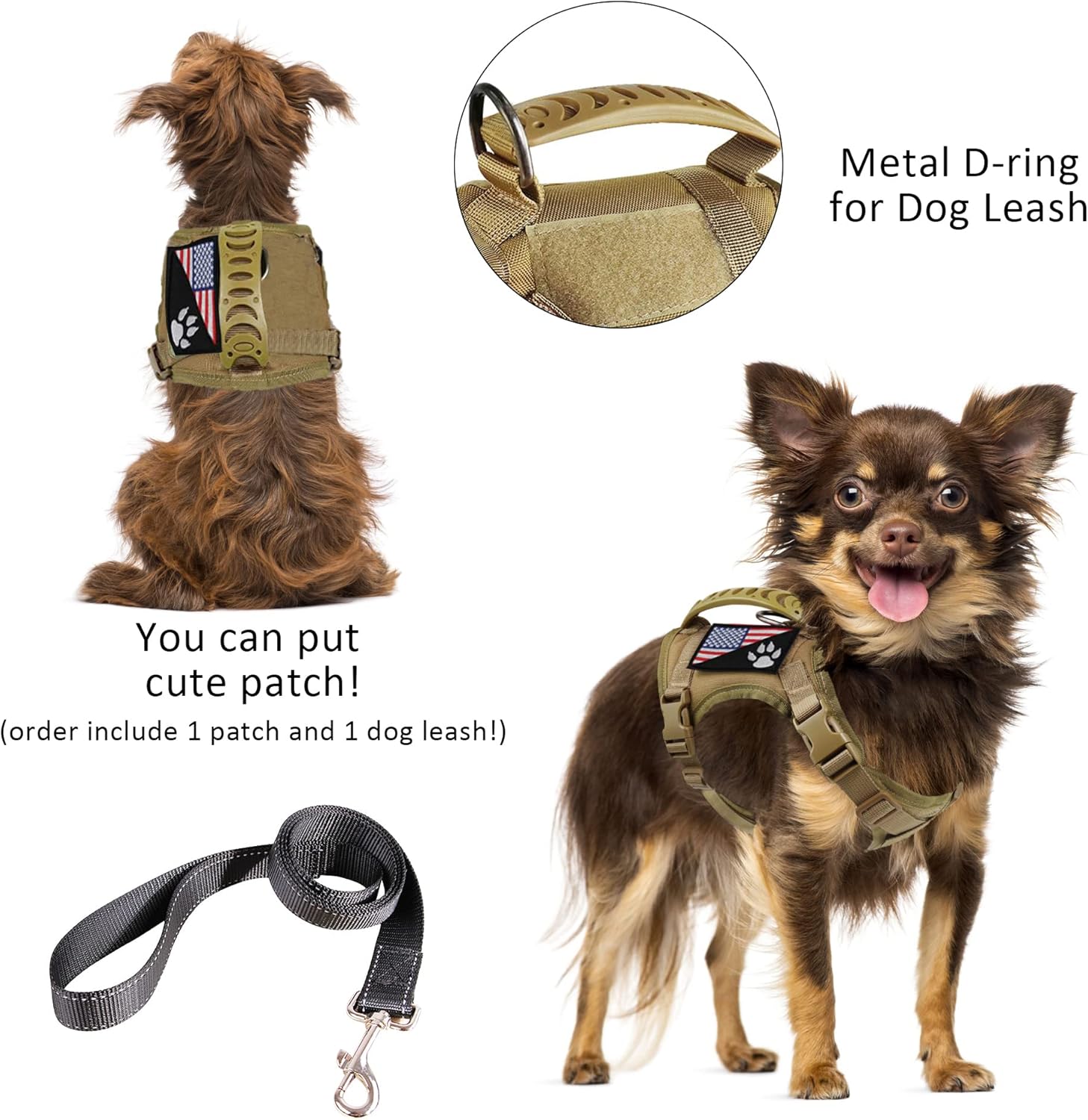 Tactical Dog Harness with Leash Tactical Puppy Vest with Rubber Handle K9 Military Adjustable Pet Harness for Outdoor Training XS Dog Harness (Brown Harness with Leash)