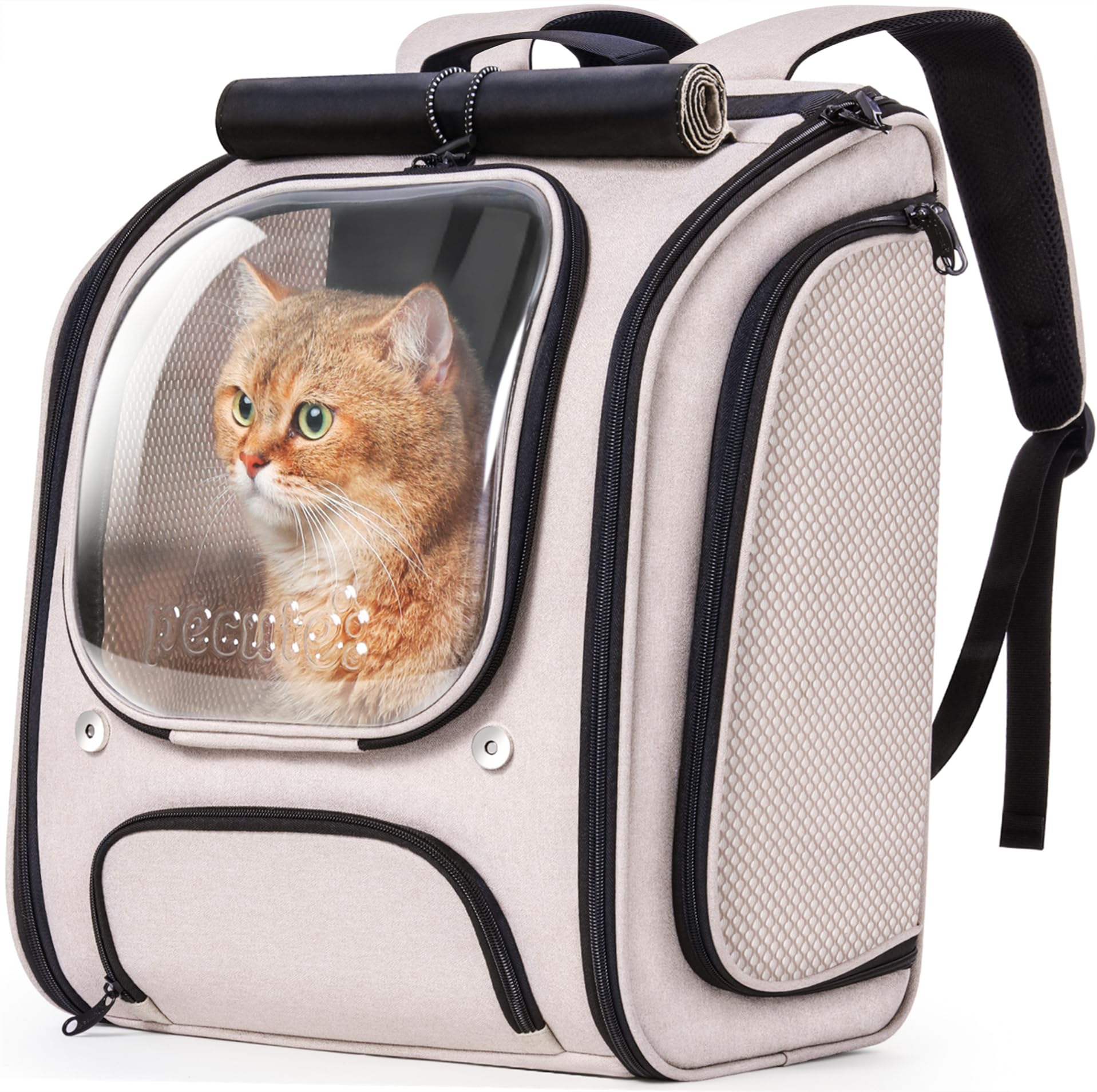 Pecute Zaino Trasportino per Gatti a Bolla - Ampio spazio stabile, parasole traspirante, ideale per viaggiare, fare escursioni, fare visitare cliniche veterinarie con il tuo animale domestico, Cachi