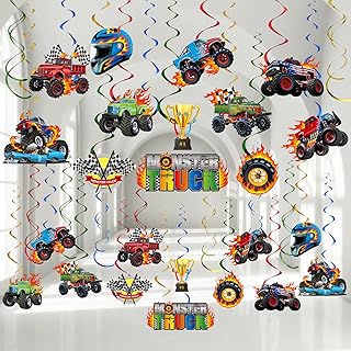 Capoda 54 Pieces Monster Truck Hanging Foil Swirls Truck Birthday Party Decoration Set Truck Theme Paper Hanging Cutouts for Boys Car Transportation Party Supplies Baby Shower Home Wall Ceiling Decor